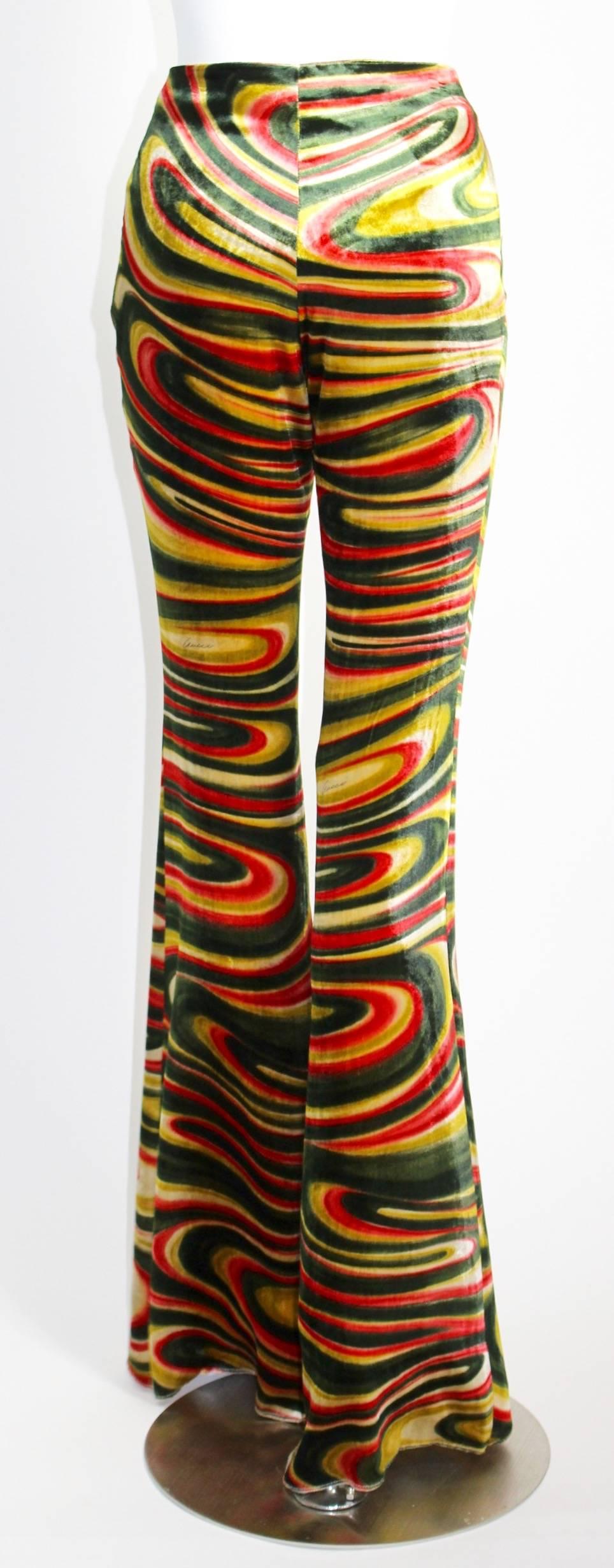 Brown 1990s Gucci by Tom Ford  Runway Psychedelic Swirl Silk Velvet Pants Documented