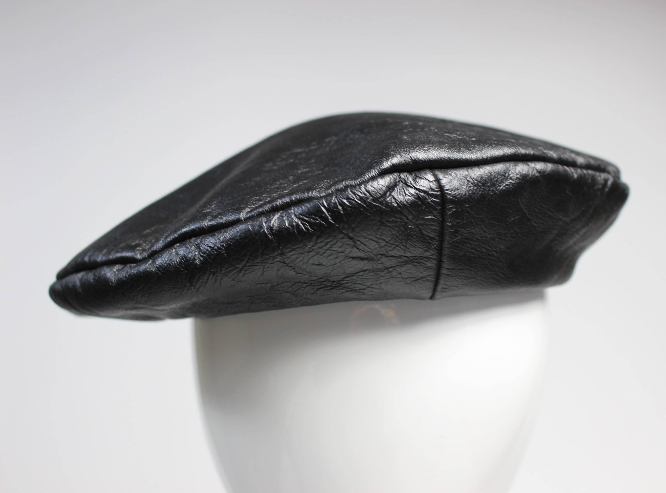 Vintage Yves Saint Laurent Black Leather Beret Hat 1