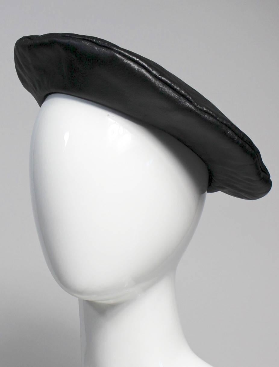 Vintage Yves Saint Laurent Black Leather Beret Hat In Excellent Condition In Boca Raton, FL