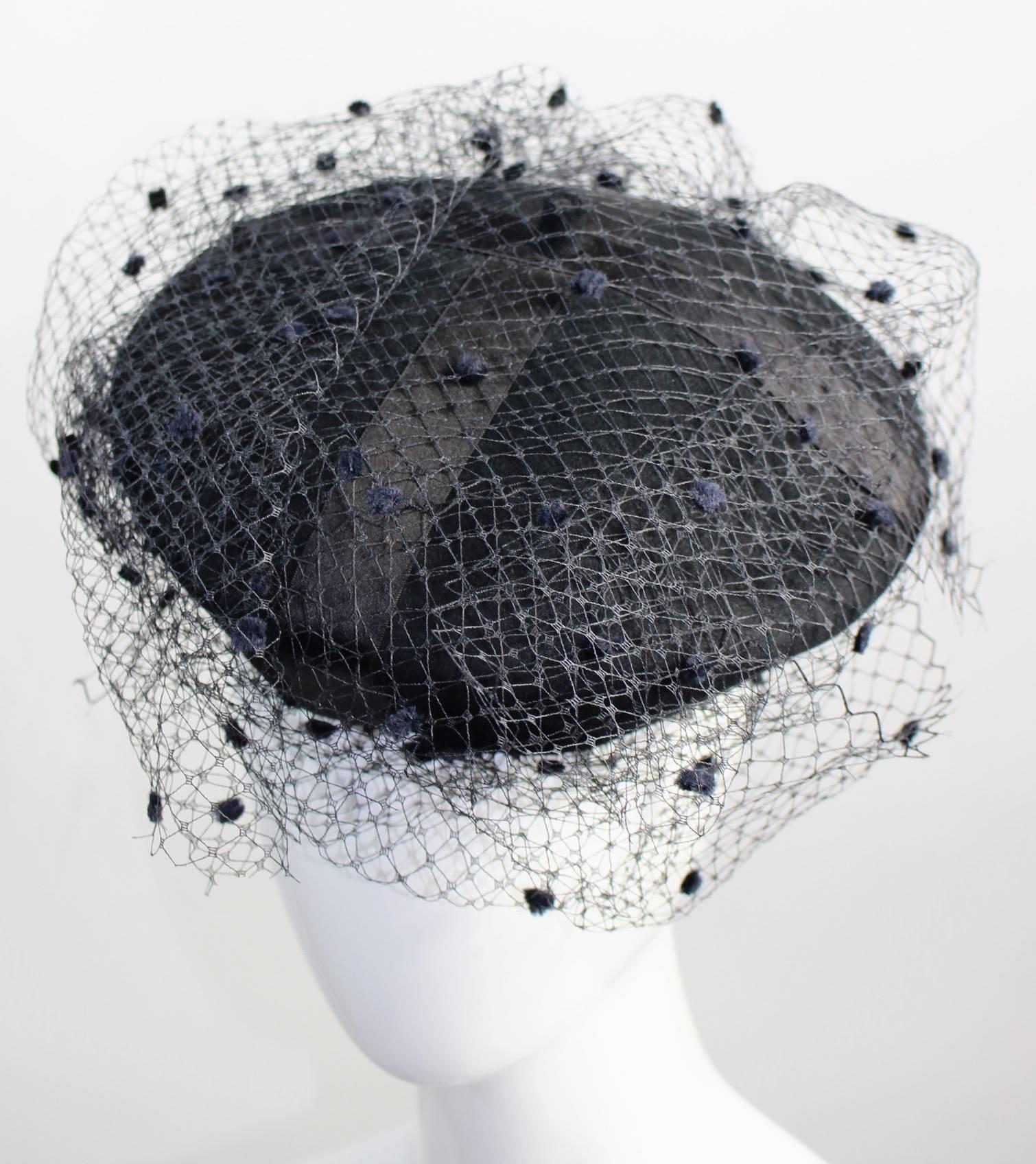 Rare Chanel Vintage Black Wool Beret Wedding Evening Veil Hat Documented In Excellent Condition In Boca Raton, FL