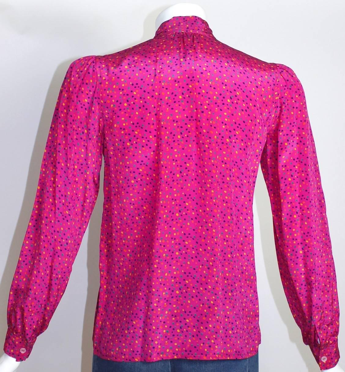 Women's 1970s Yves Saint Laurent Pink Confetti Print  Silk  Bow Tie Blouse YSL For Sale
