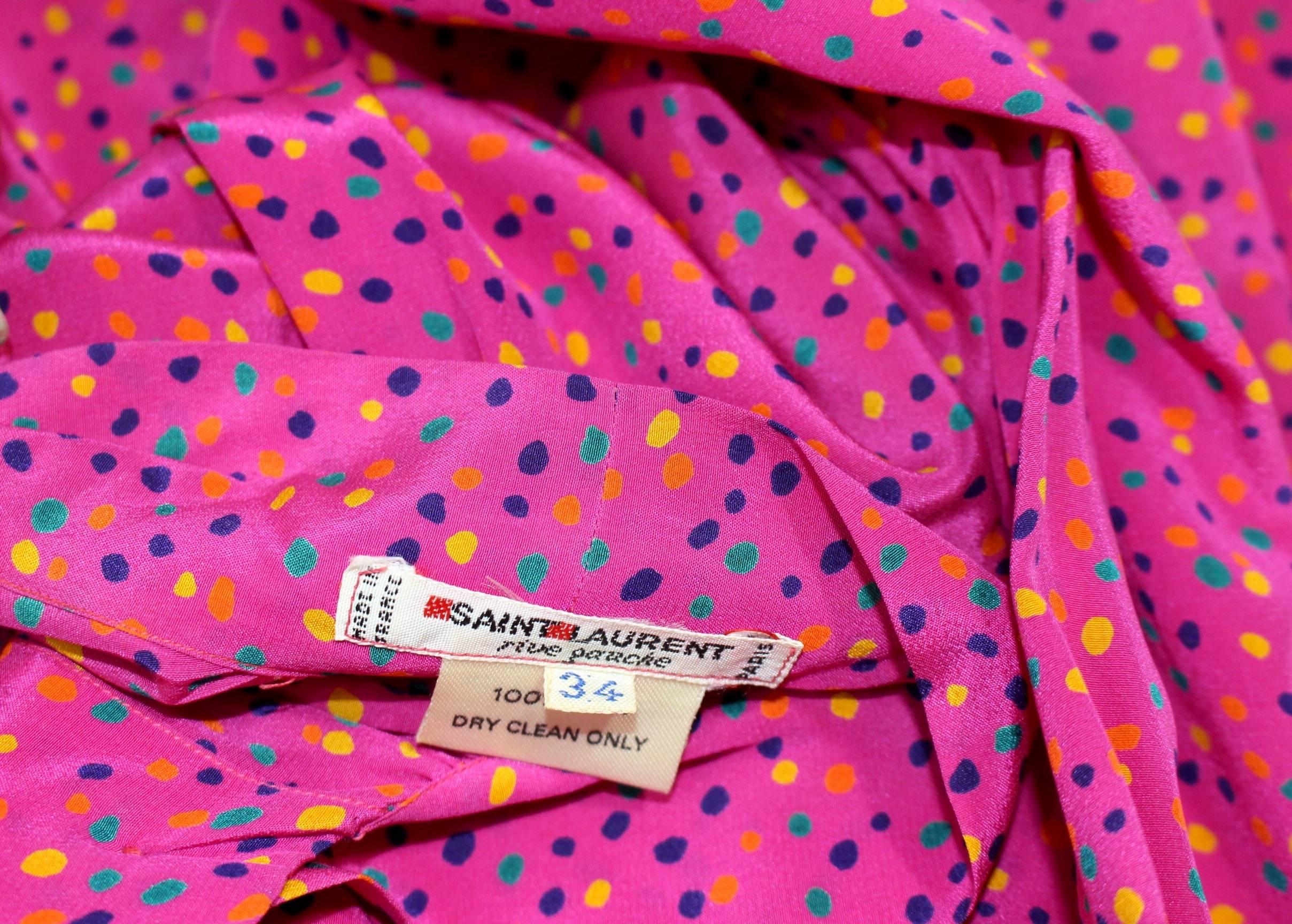 1970s Yves Saint Laurent Pink Confetti Print  Silk  Bow Tie Blouse YSL 1