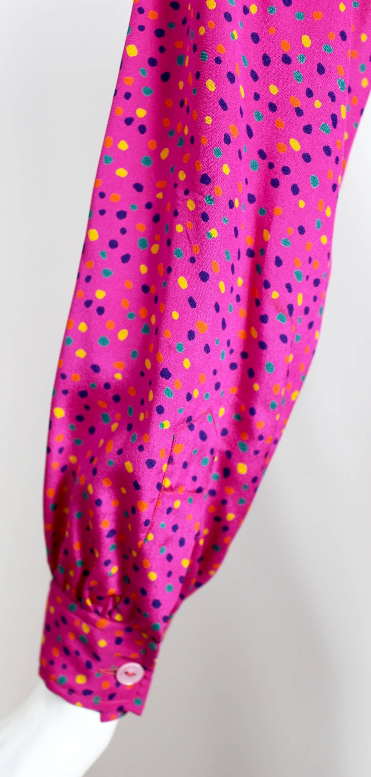 1970s Yves Saint Laurent Pink Confetti Print  Silk  Bow Tie Blouse YSL In Excellent Condition In Boca Raton, FL