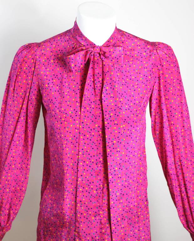 1970s Yves Saint Laurent Pink Confetti Print Silk Bow Tie Blouse YSL ...