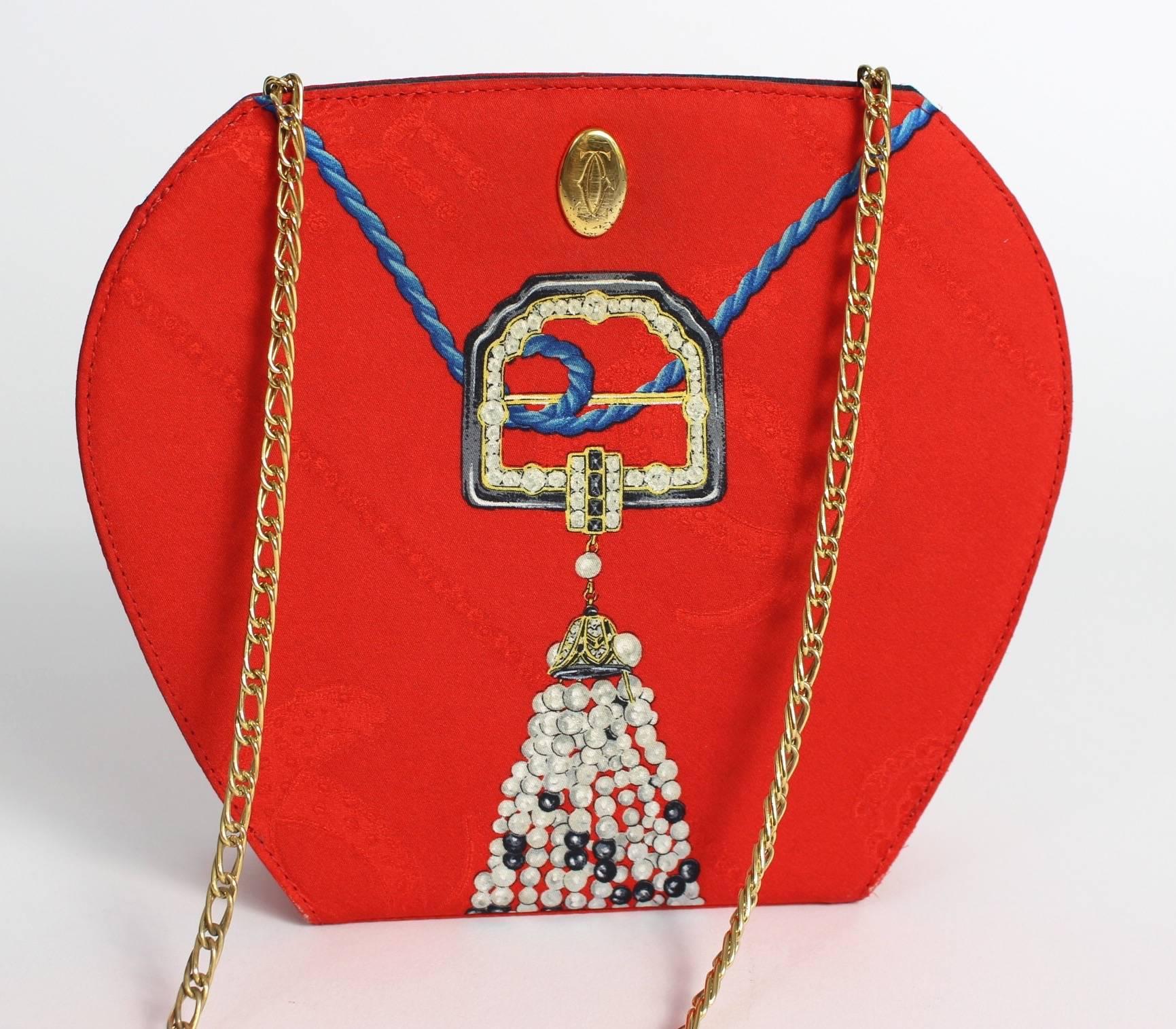 Women's Les Must de Cartier Red Silk Jewel Necklace Design Gold Chain Clutch bag