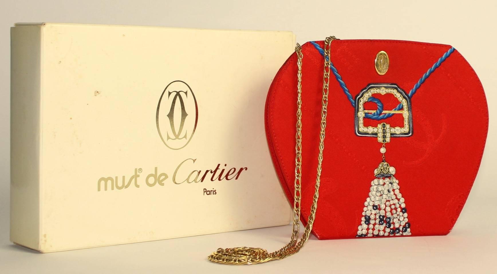 Les Must de Cartier Red Silk Jewel Necklace Design Gold Chain Clutch bag 1