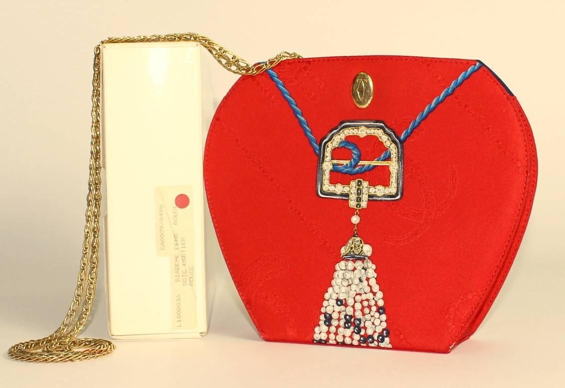 Les Must de Cartier Red Silk Jewel Necklace Design Gold Chain Clutch bag 2