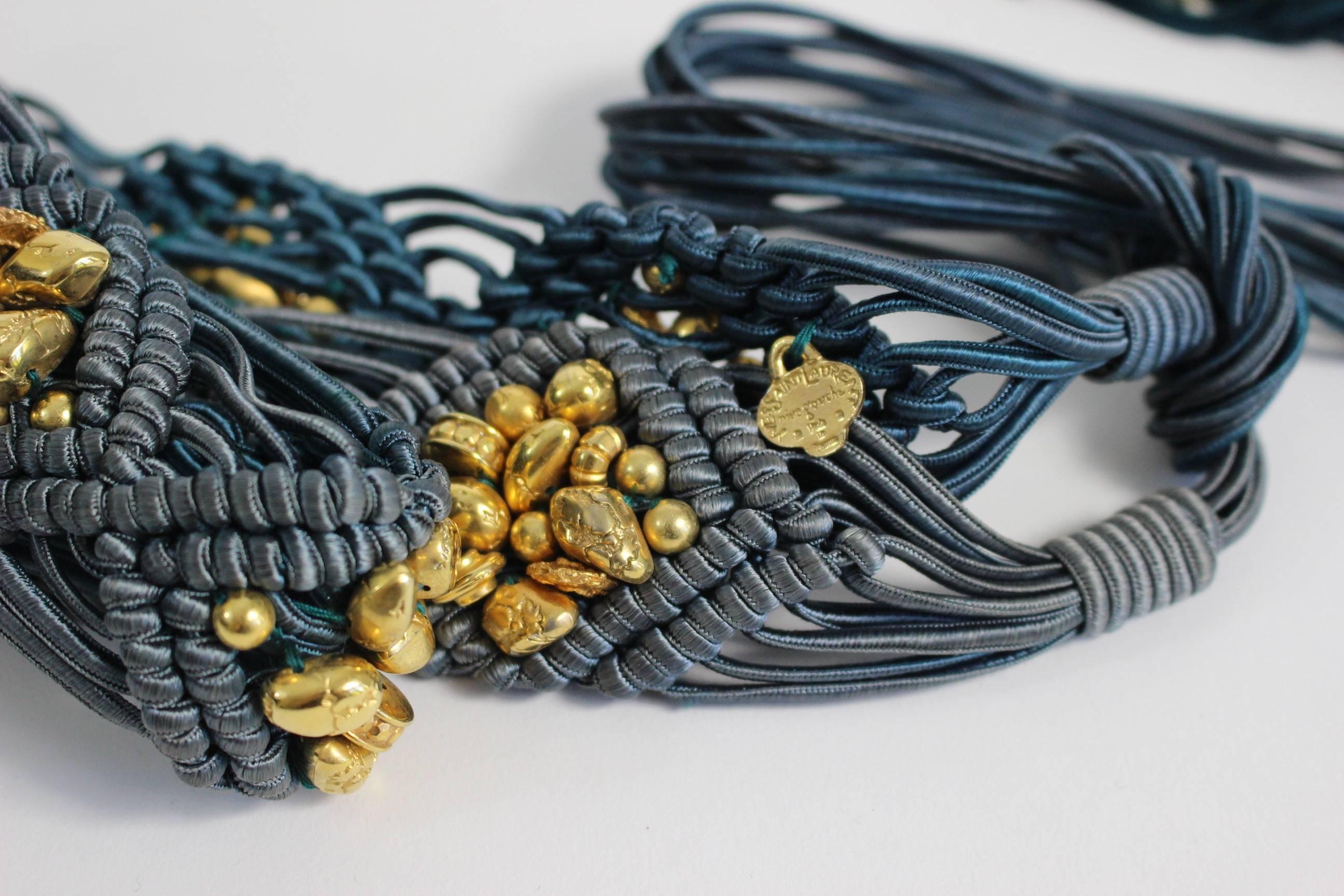 Black Vintage Yves Saint Laurent YSL  Passementerie Gold Nugget Beads Tassel Belt 
