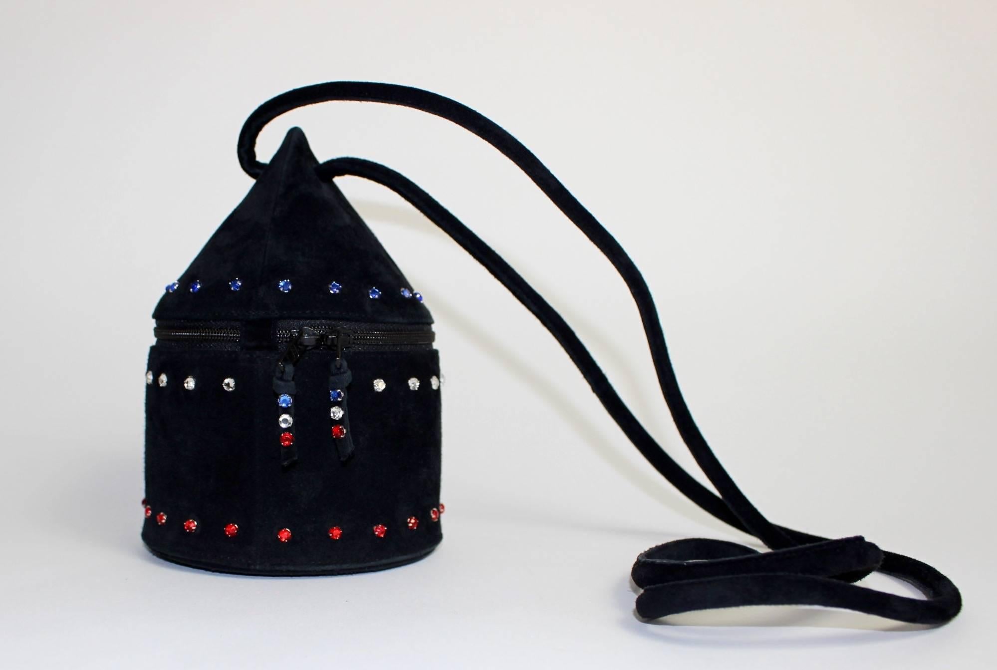 1980s Maud Frizon Sculptural Black Suede Jeweled Evening Shoulder Bag 5