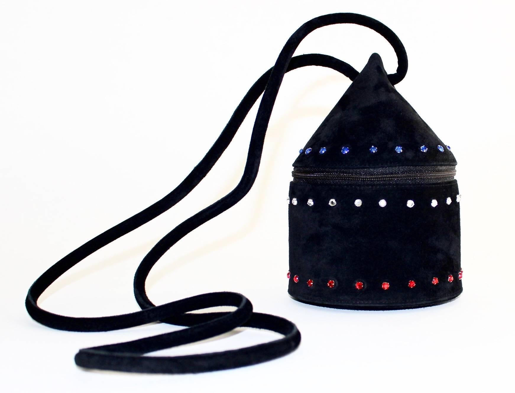 1980s Maud Frizon Sculptural Black Suede Jeweled Evening Shoulder Bag 2