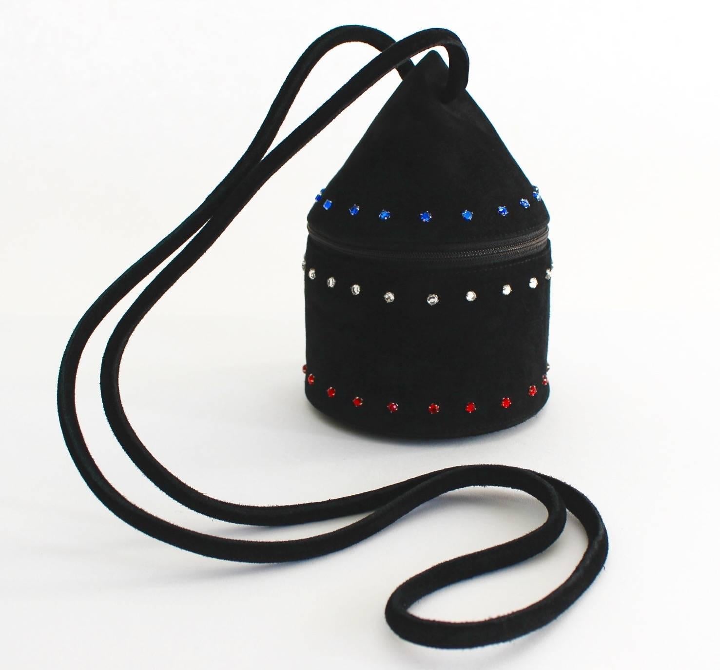 1980s Maud Frizon Sculptural Black Suede Jeweled Evening Shoulder Bag 1