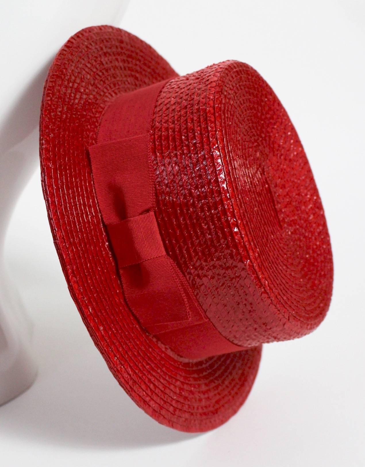 1990s Givenchy Red Straw Boater Grosgrain Bow Hat In Excellent Condition In Boca Raton, FL