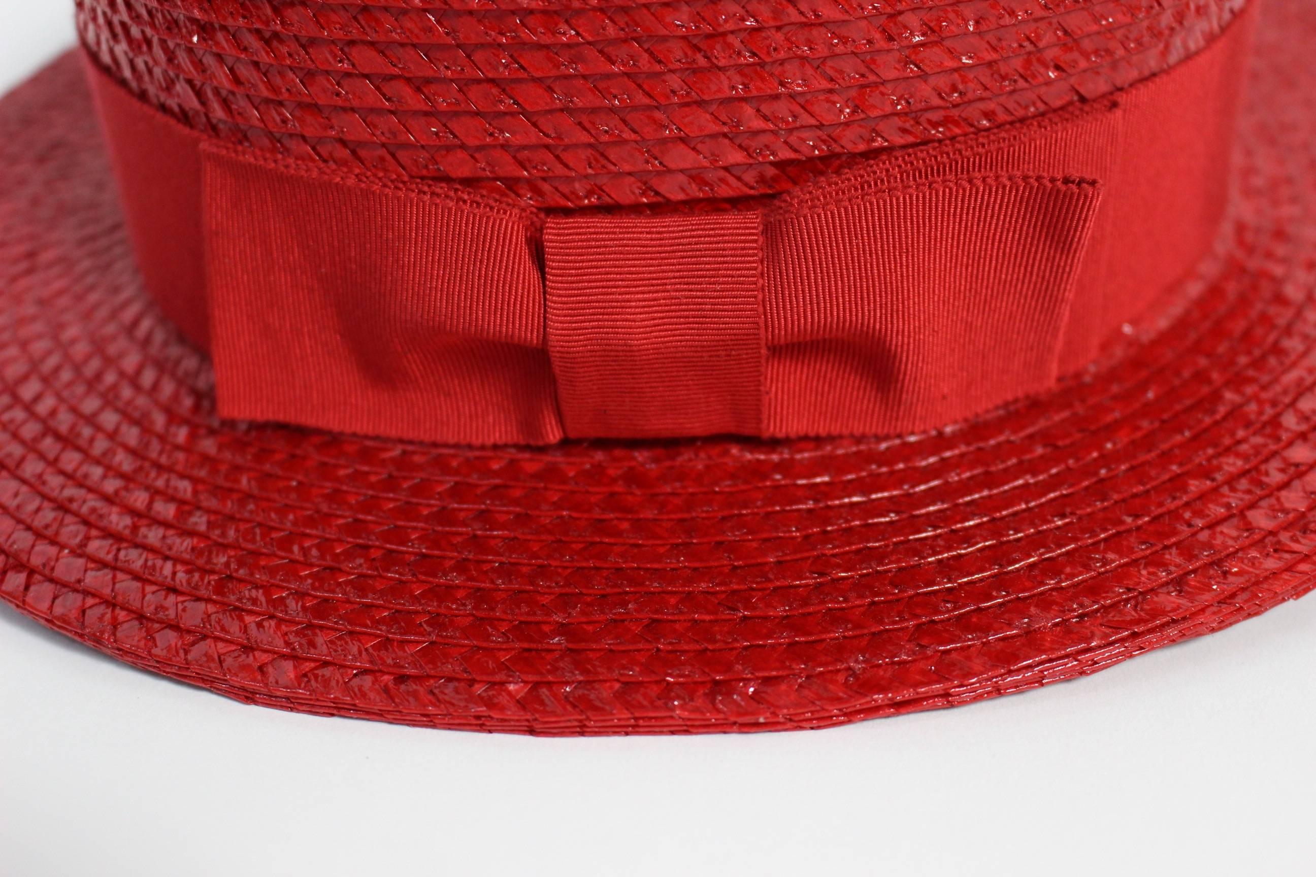 1990s Givenchy Red Straw Boater Grosgrain Bow Hat 2