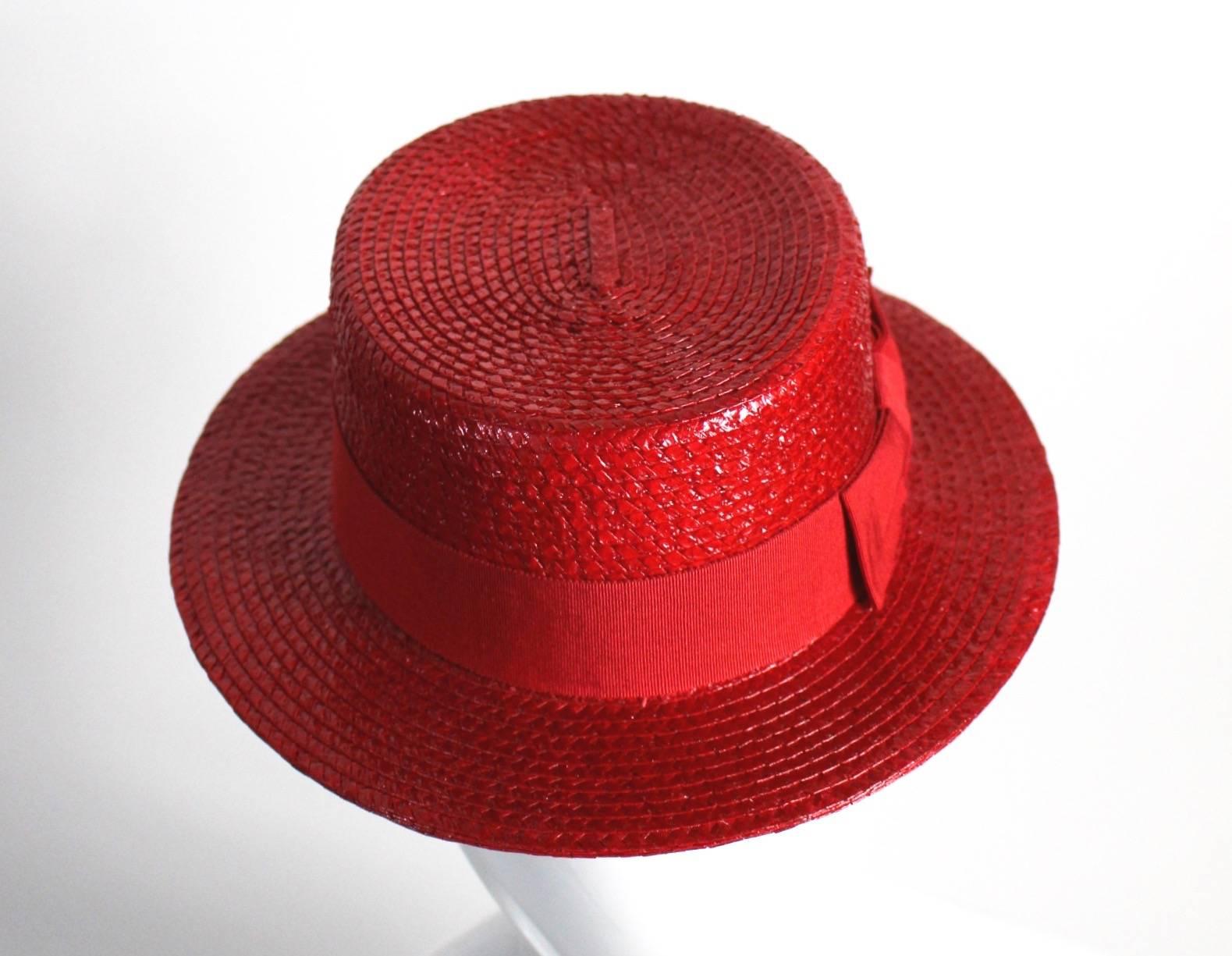 1990s Givenchy Red Straw Boater Grosgrain Bow Hat 3
