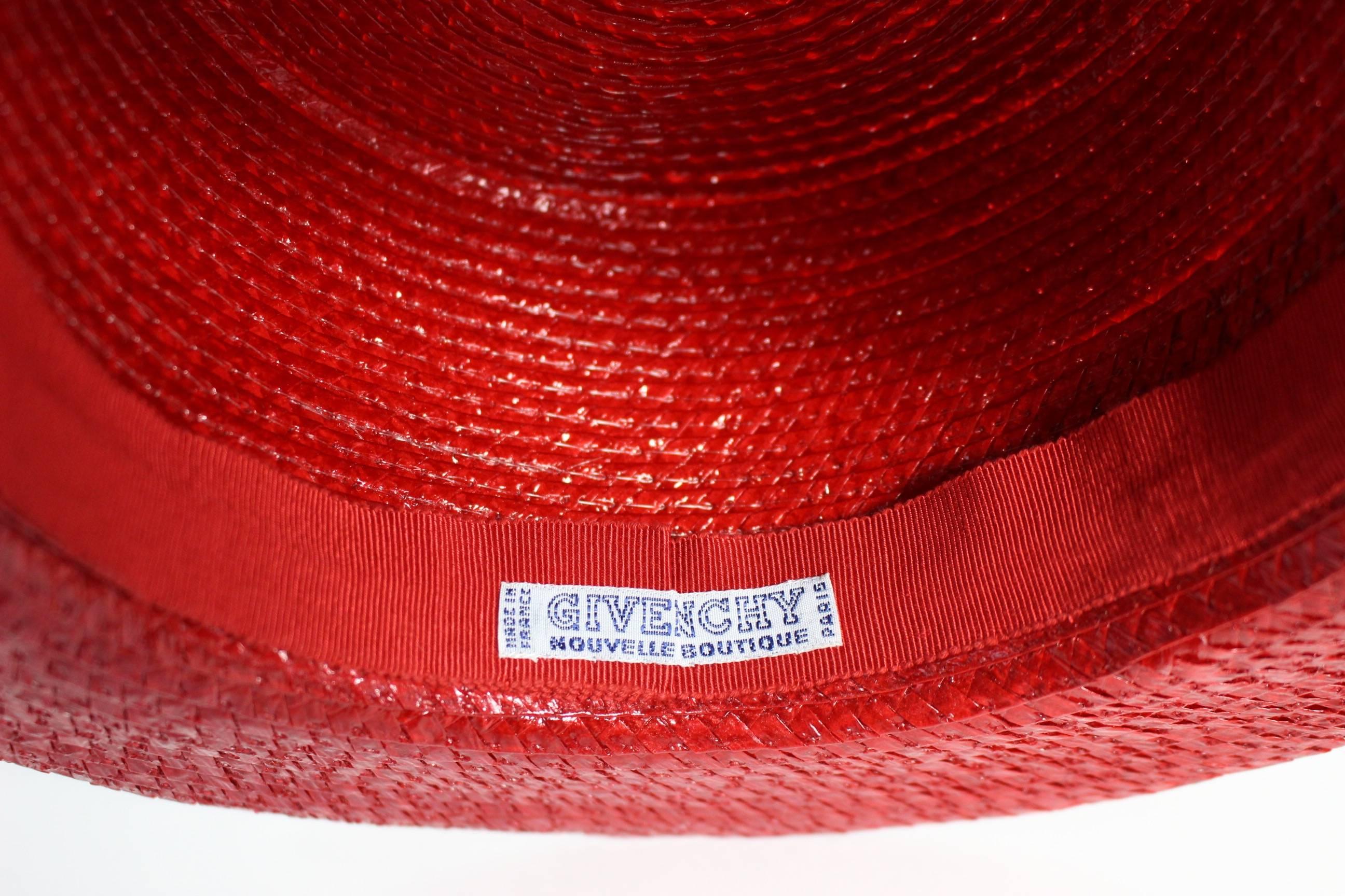 1990s Givenchy Red Straw Boater Grosgrain Bow Hat 4
