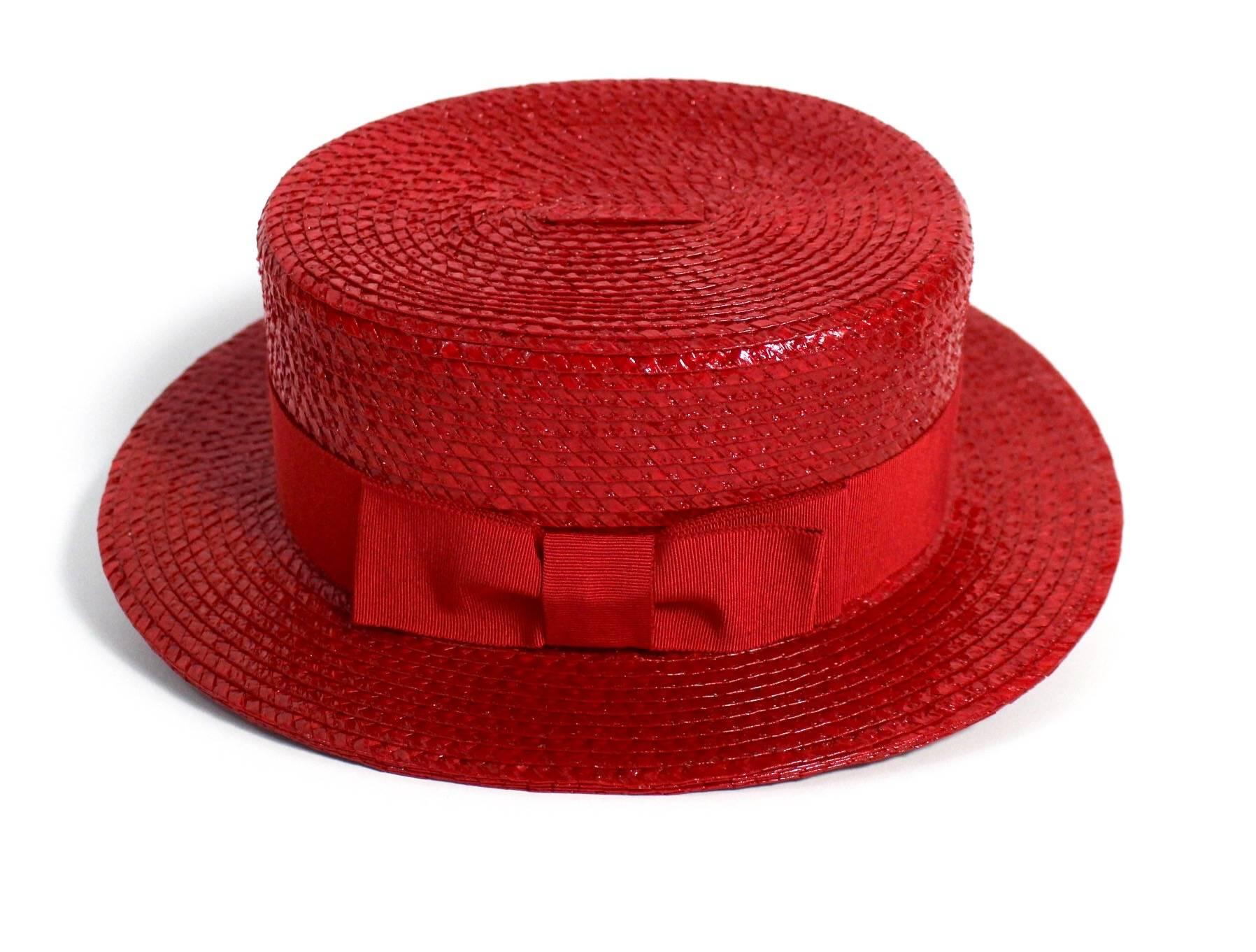 1990s Givenchy Red Straw Boater Grosgrain Bow Hat 1
