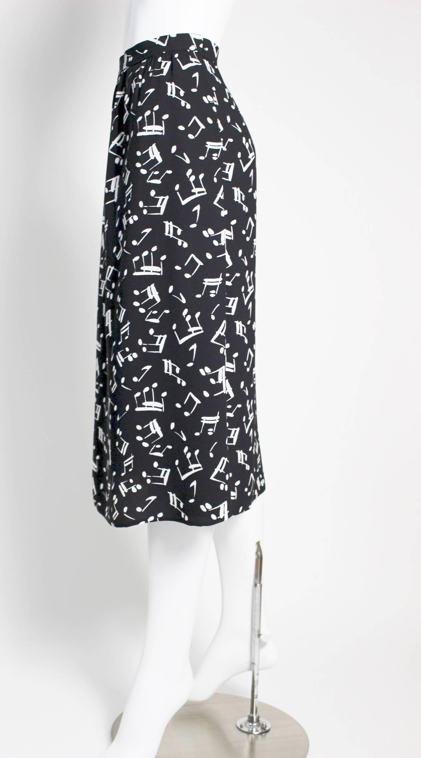 Black Yves Saint Laurent Documented Crepe Musical Note Print Skirt, 1982 