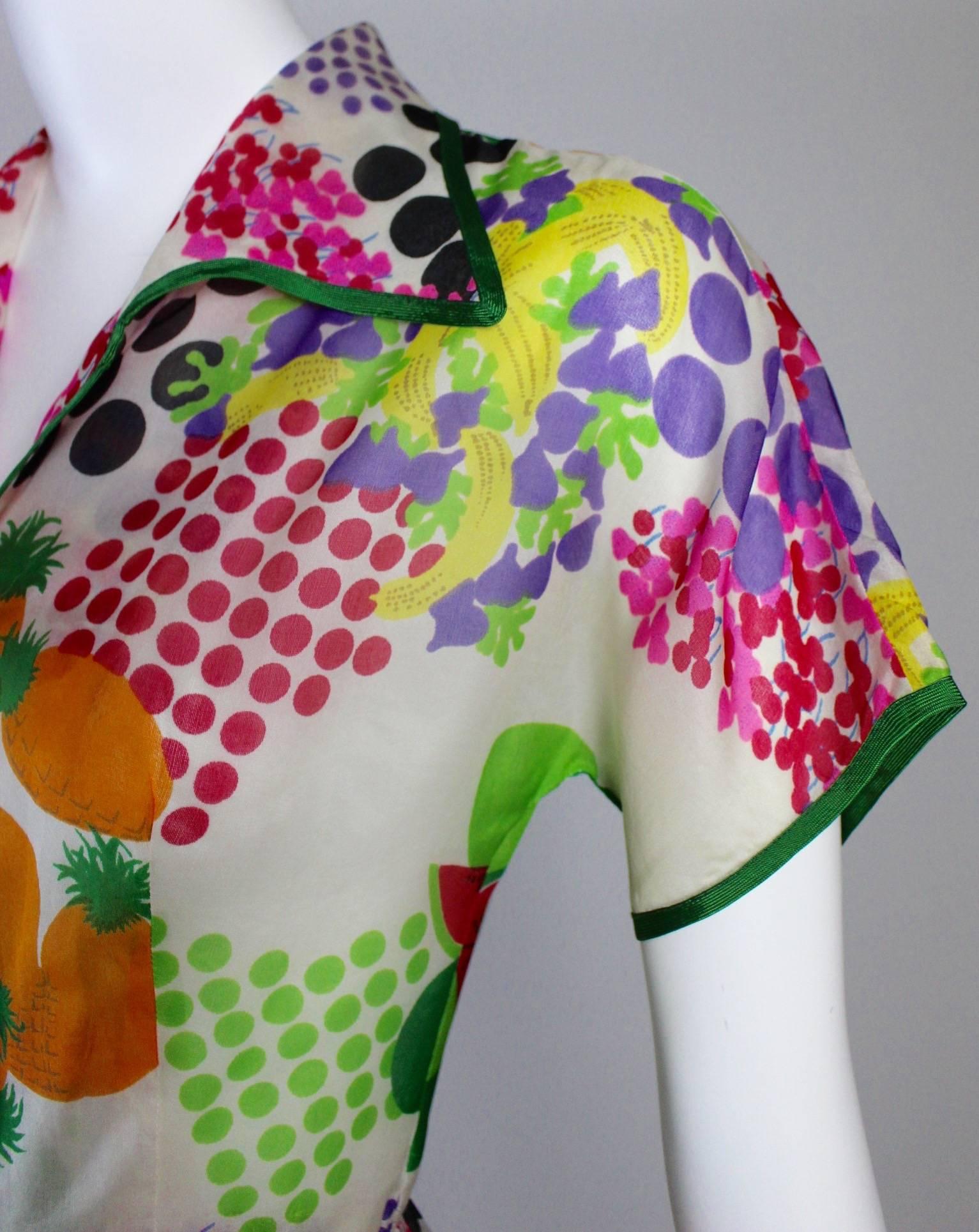 Nina Ricci Boutique Fruit and Dots Multicolor Print Silk Organza Dress, 1970s  4