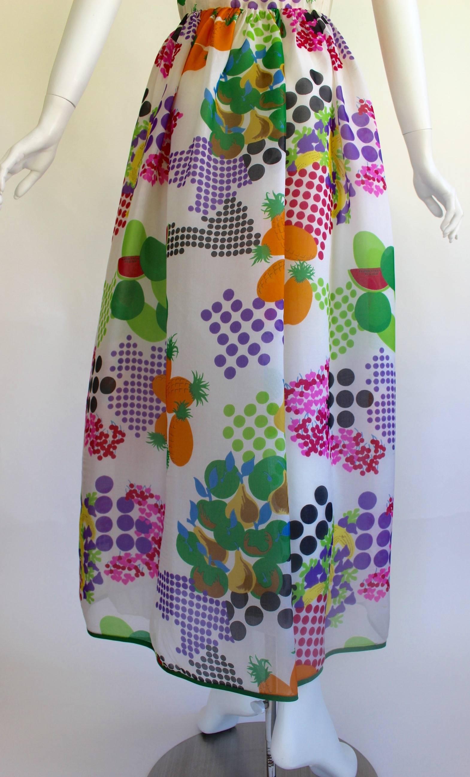 Nina Ricci Boutique Fruit and Dots Multicolor Print Silk Organza Dress, 1970s  3