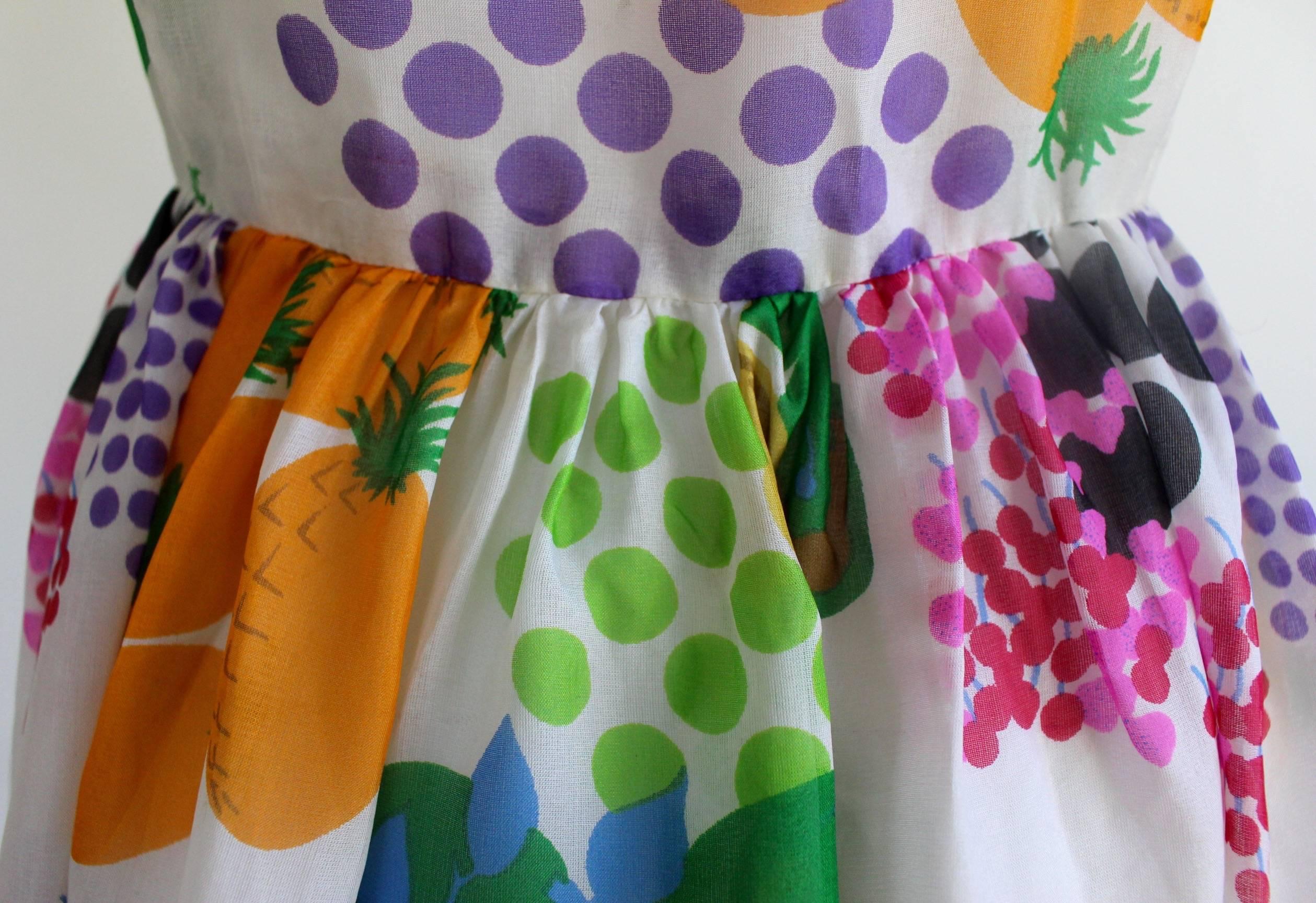Nina Ricci Boutique Fruit and Dots Multicolor Print Silk Organza Dress, 1970s  2