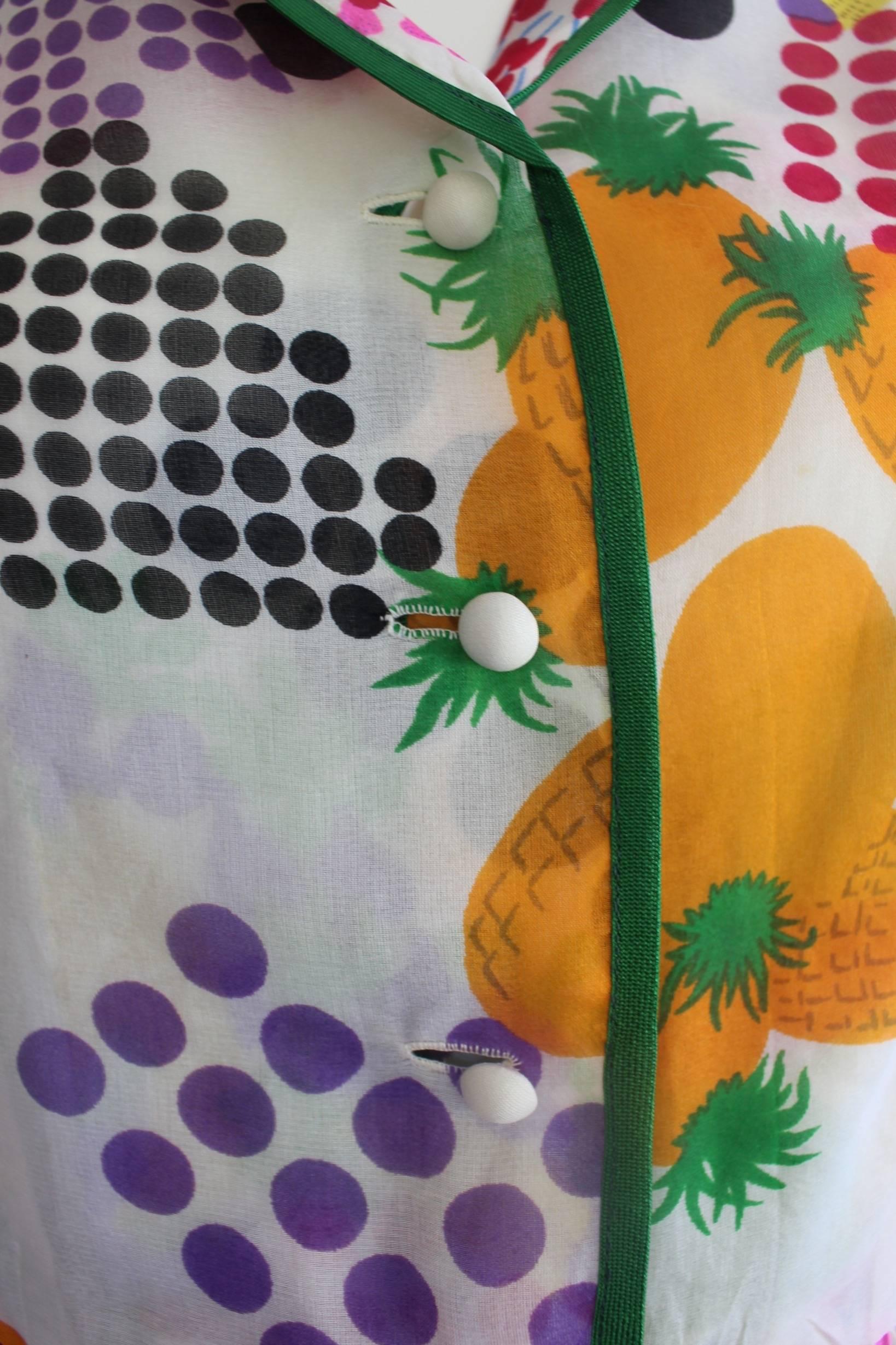 Nina Ricci Boutique Fruit and Dots Multicolor Print Silk Organza Dress, 1970s  1