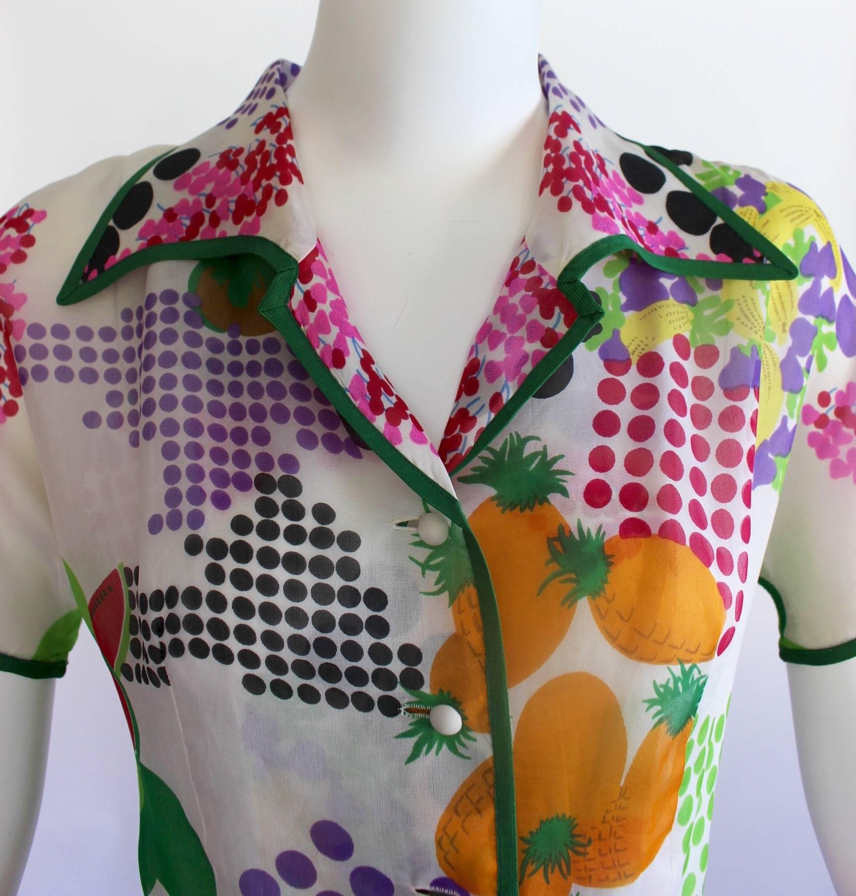 Women's Nina Ricci Boutique Fruit and Dots Multicolor Print Silk Organza Dress, 1970s 