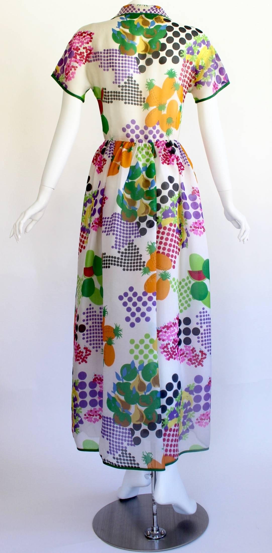 Gray Nina Ricci Boutique Fruit and Dots Multicolor Print Silk Organza Dress, 1970s 