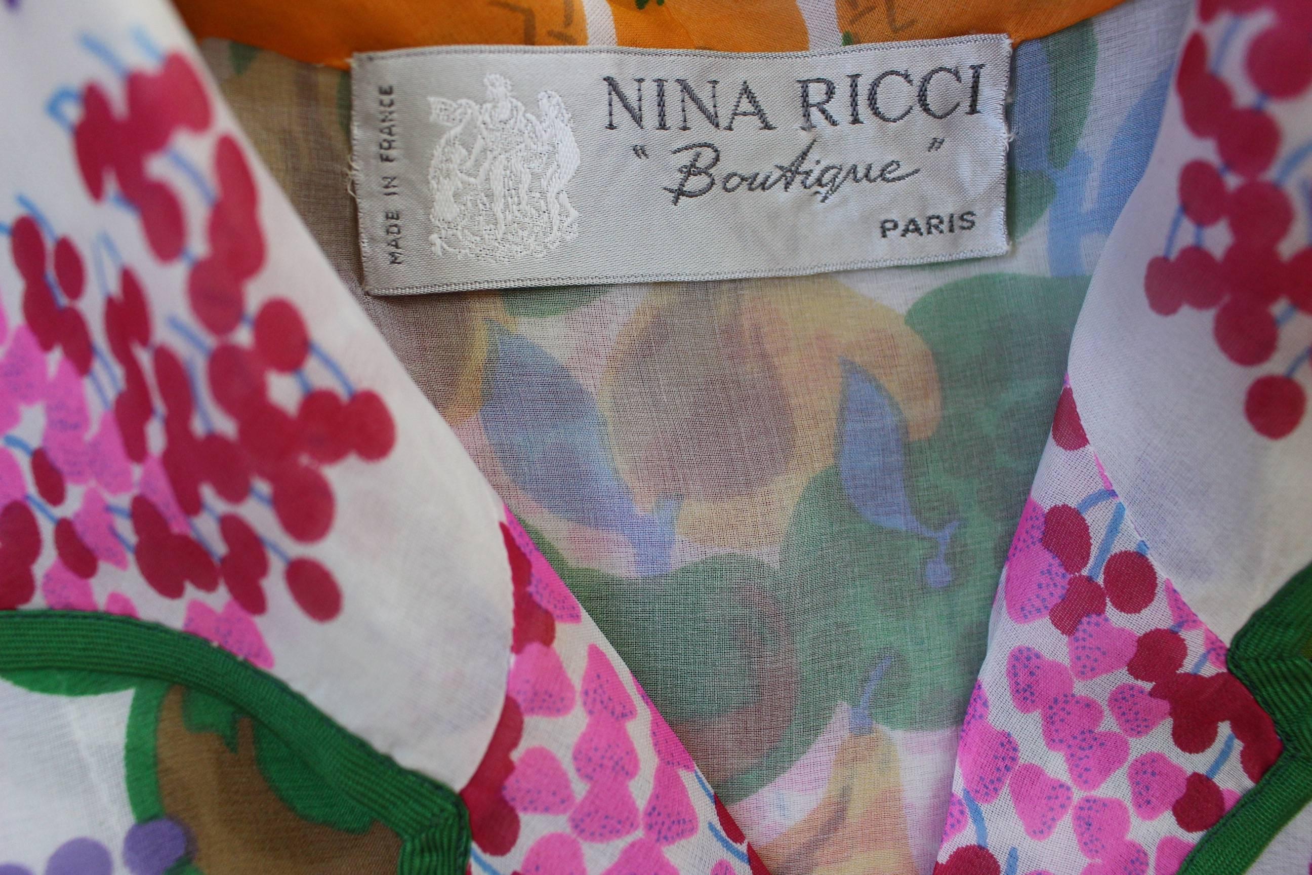 Nina Ricci Boutique Fruit and Dots Multicolor Print Silk Organza Dress, 1970s  5