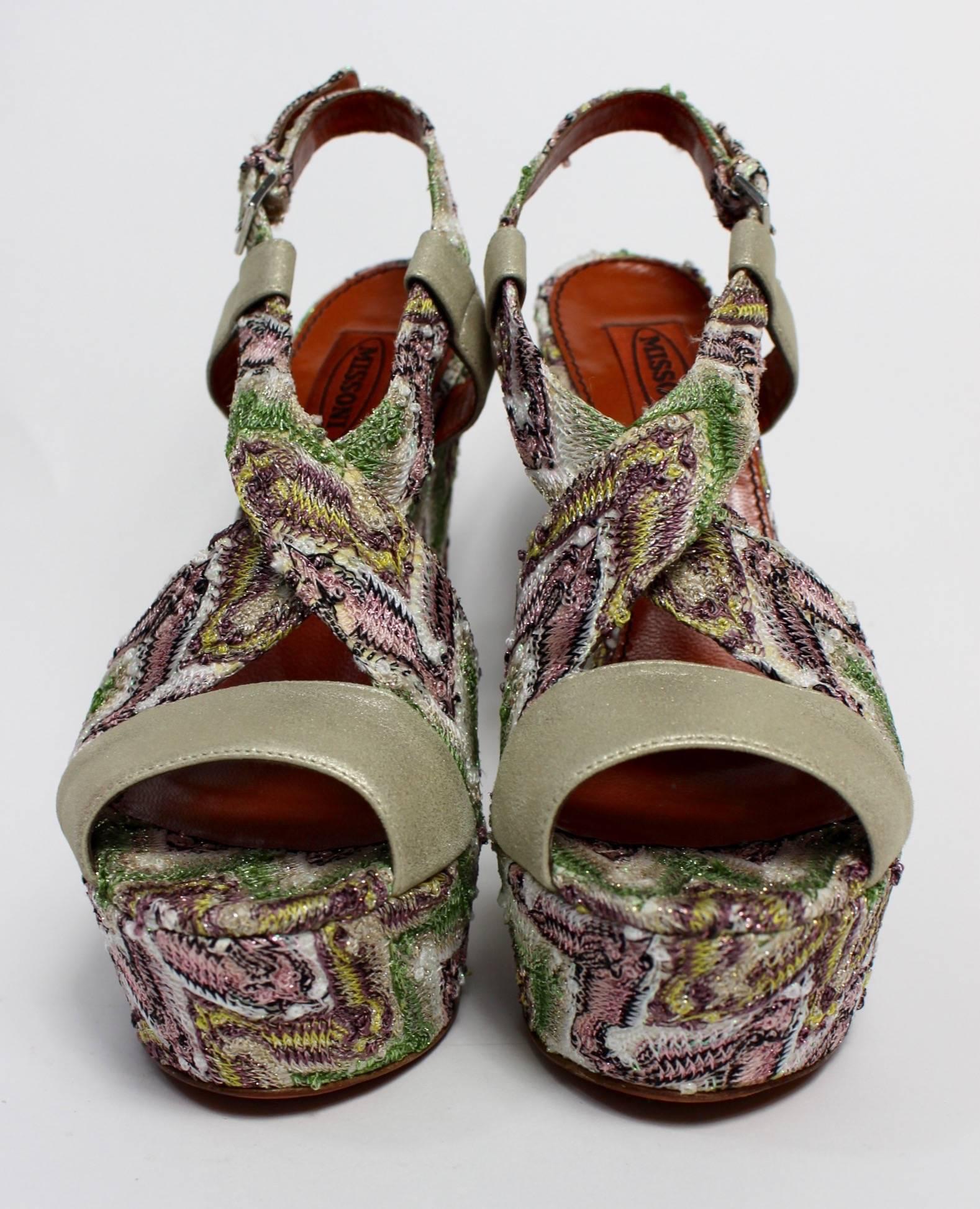 Gray Missoni Zig Zag Metallic Tapestry  Leather Platform Heels Shoes, Size 38.5 / 8.5