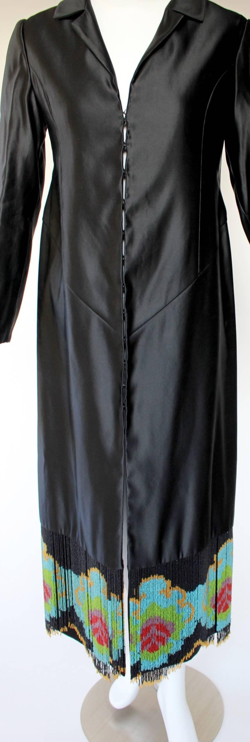 Custom Couture Black Silk Evening Dress Coat with Antique French Beaded Trim  4