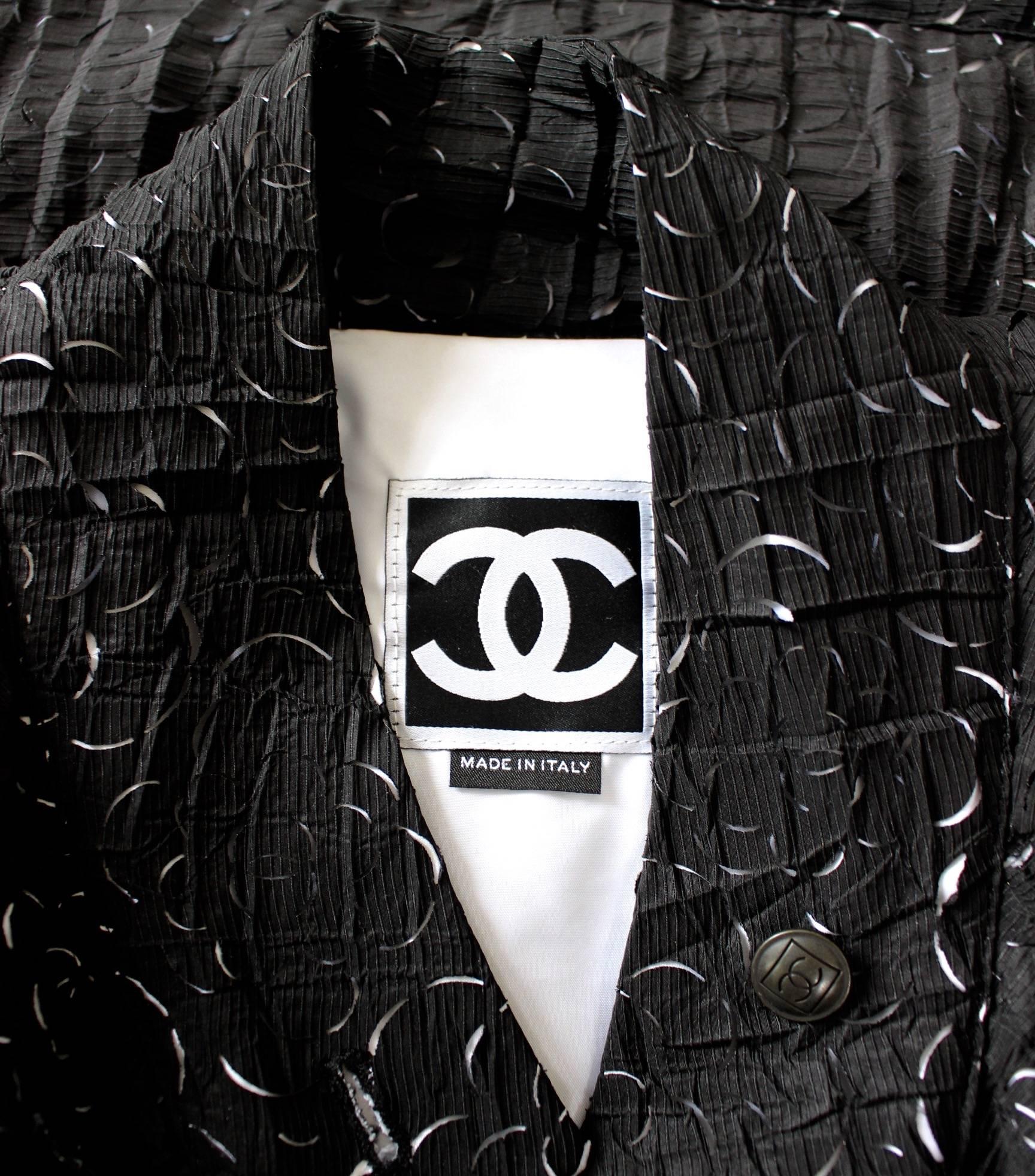 Chanel Laser Cut Camellia Flower Black and White Bomber Jacket In Excellent Condition In Boca Raton, FL