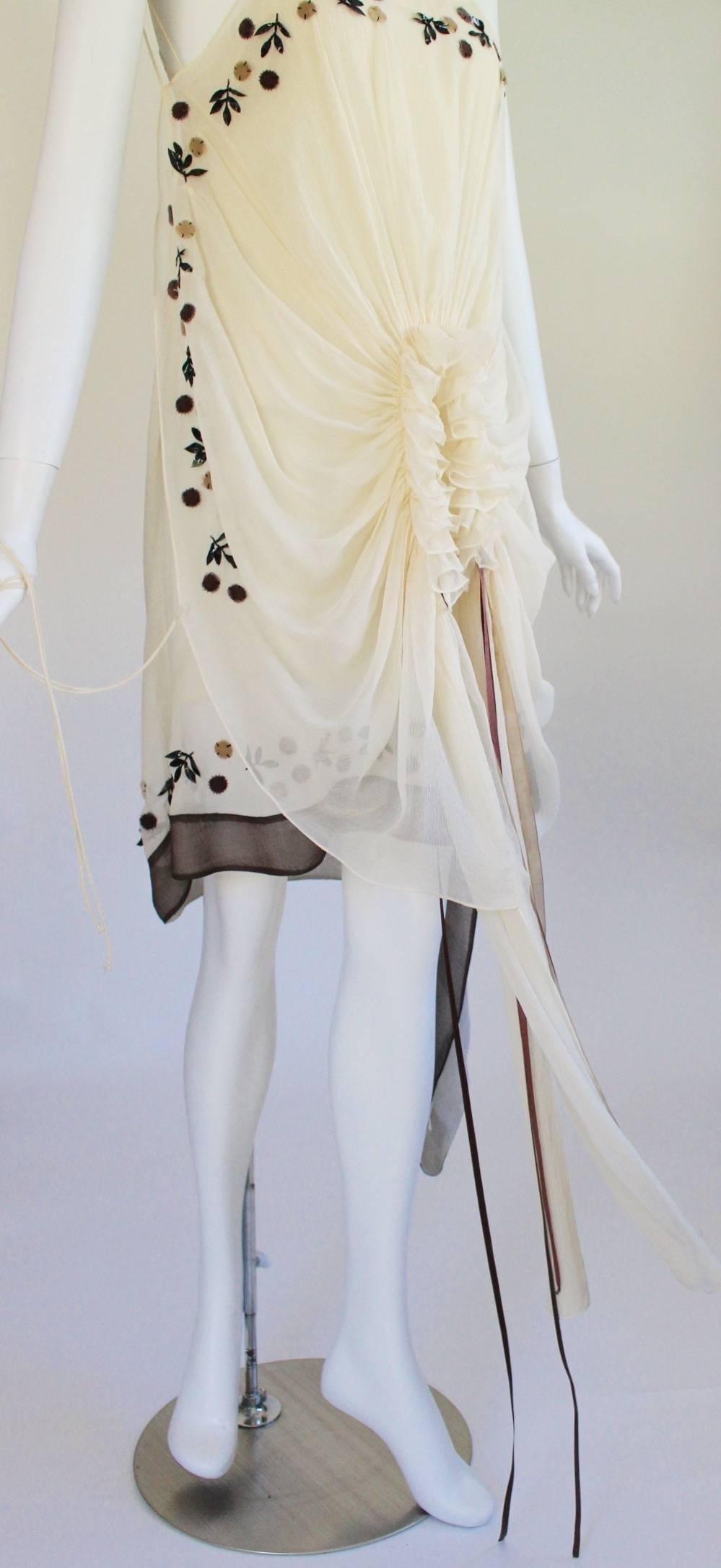 Gray Marni Limited Edition  Ivory Silk Floral Applique   Ribbon Trim Dress 