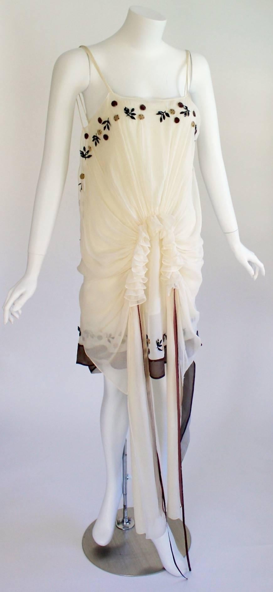 Marni Limited Edition  Ivory Silk Floral Applique   Ribbon Trim Dress  1