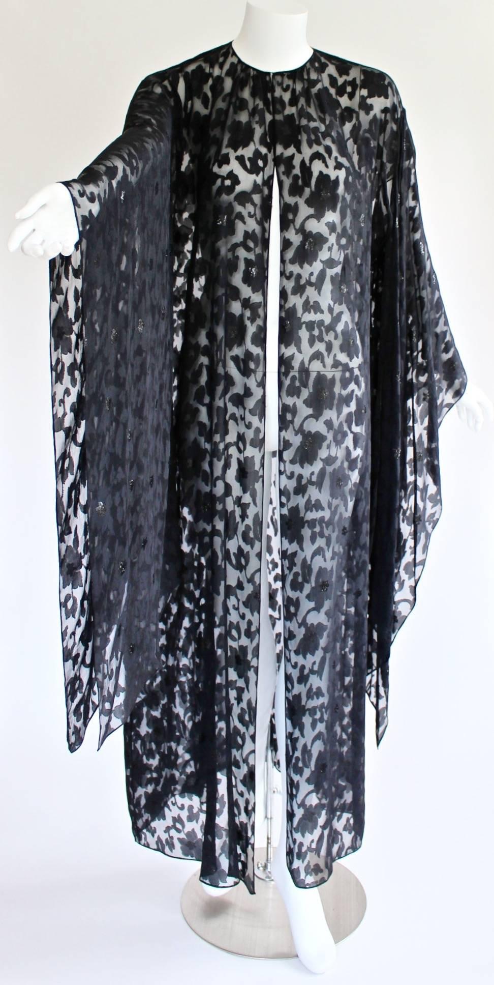 Women's Nina Ricci Couture Black Floral Devoré  Silk Kimono Sleeve Caftan  Dress