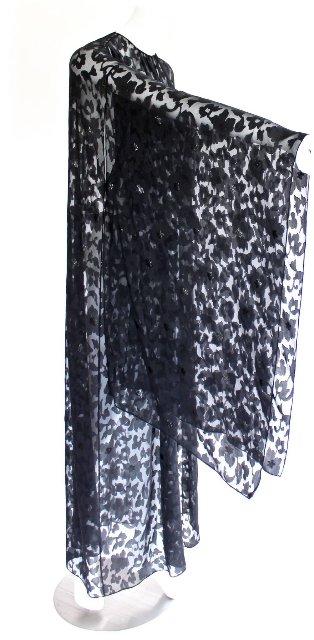 Nina Ricci Couture Black Floral Devoré  Silk Kimono Sleeve Caftan  Dress 1