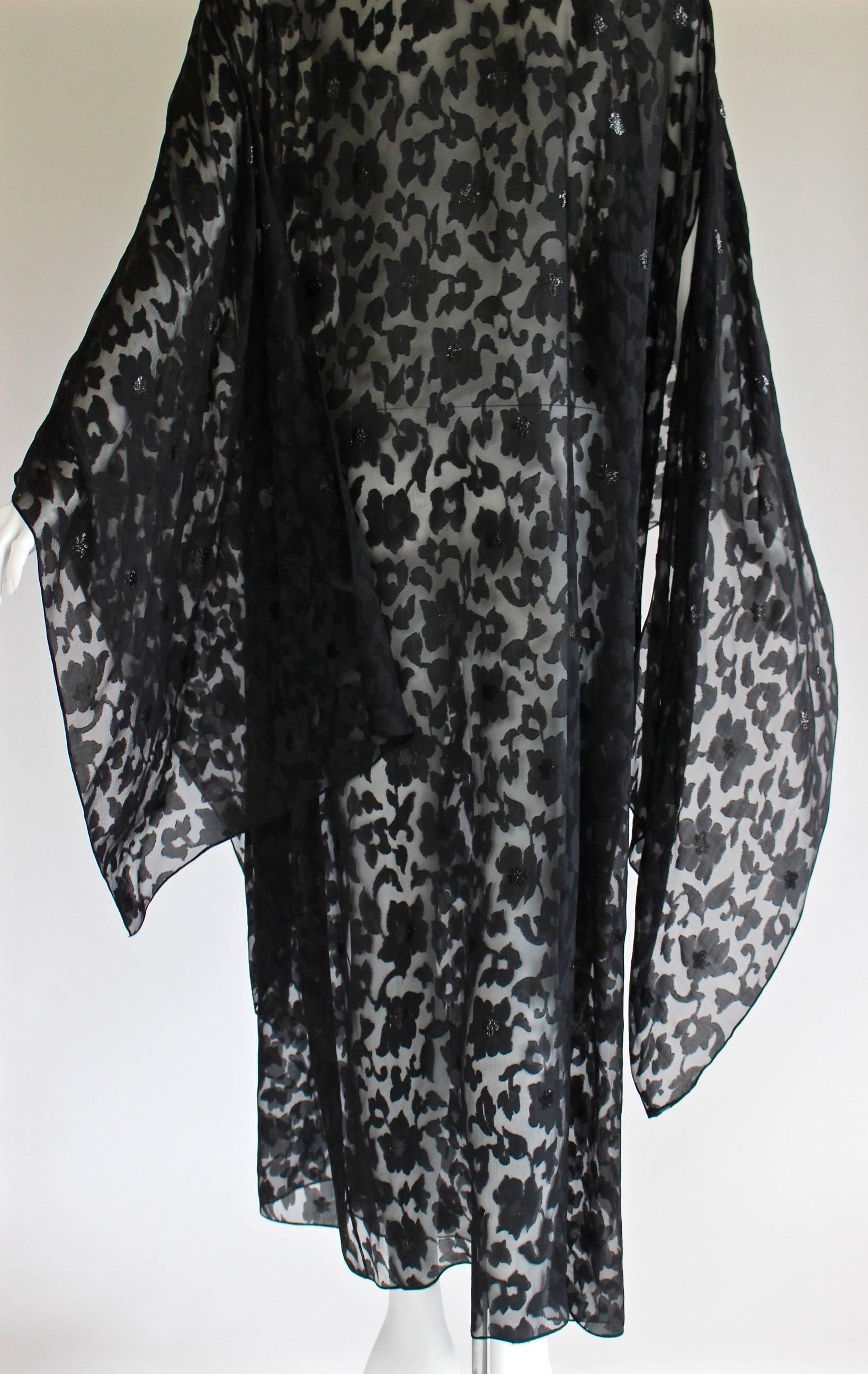 Nina Ricci Couture Black Floral Devoré  Silk Kimono Sleeve Caftan  Dress 3