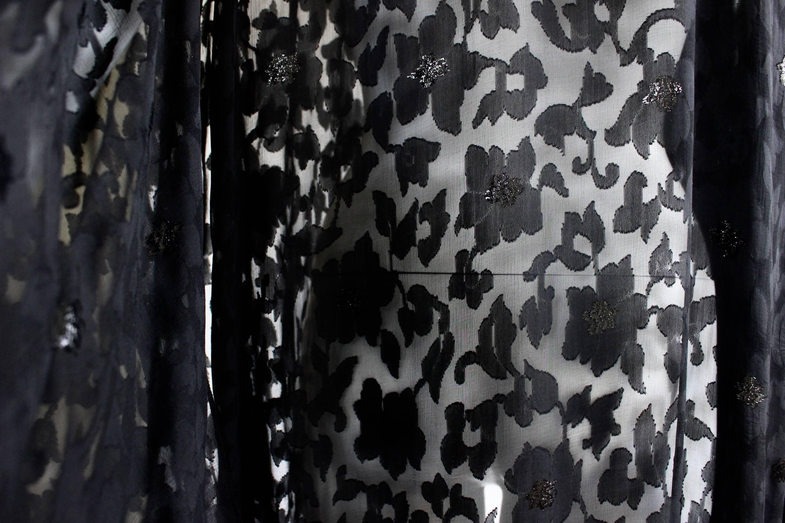 Nina Ricci Couture Black Floral Devoré  Silk Kimono Sleeve Caftan  Dress 6