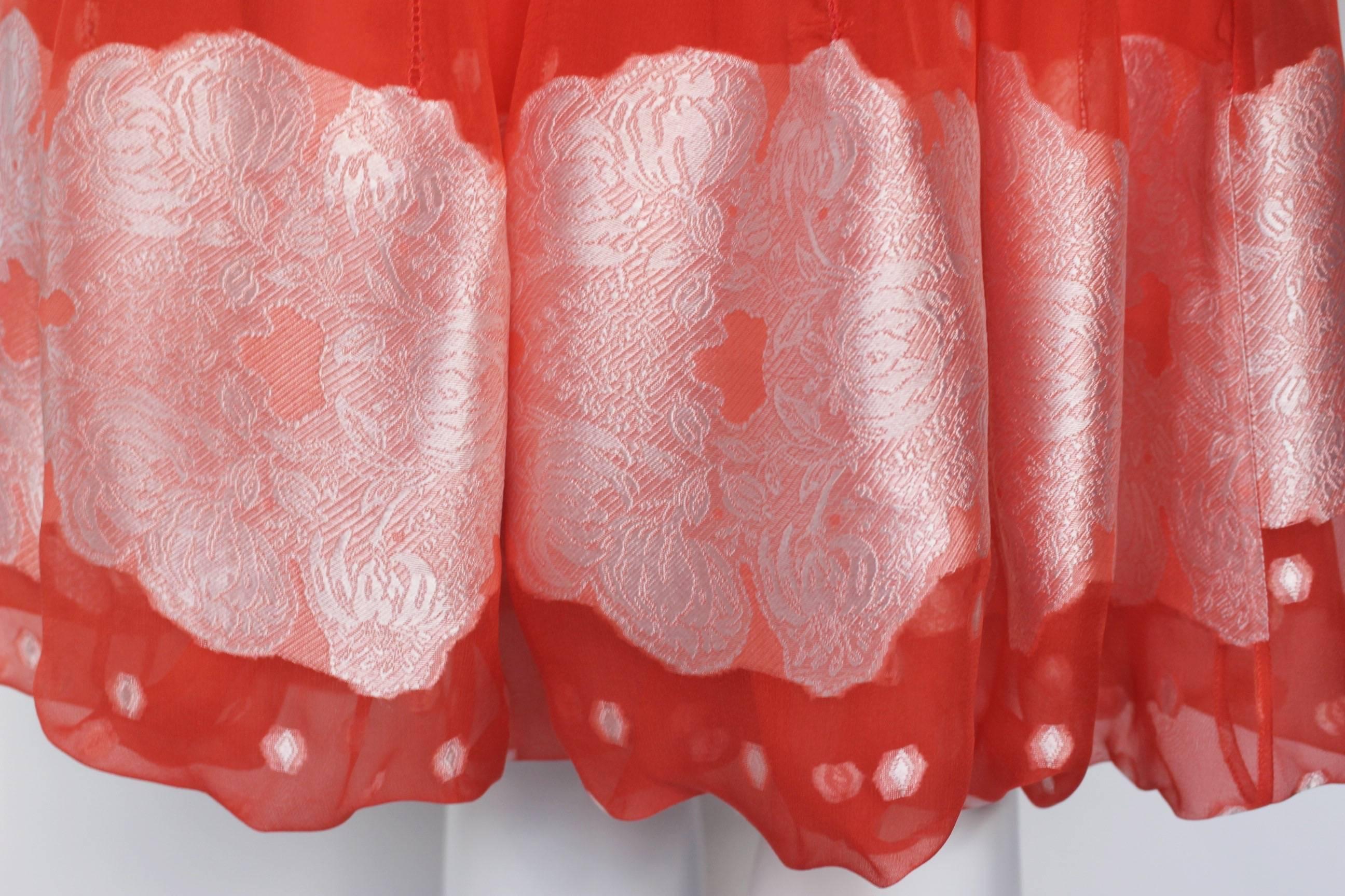 Orange Nina Ricci Tangerine and White Floral Embroidery Silk Skirt