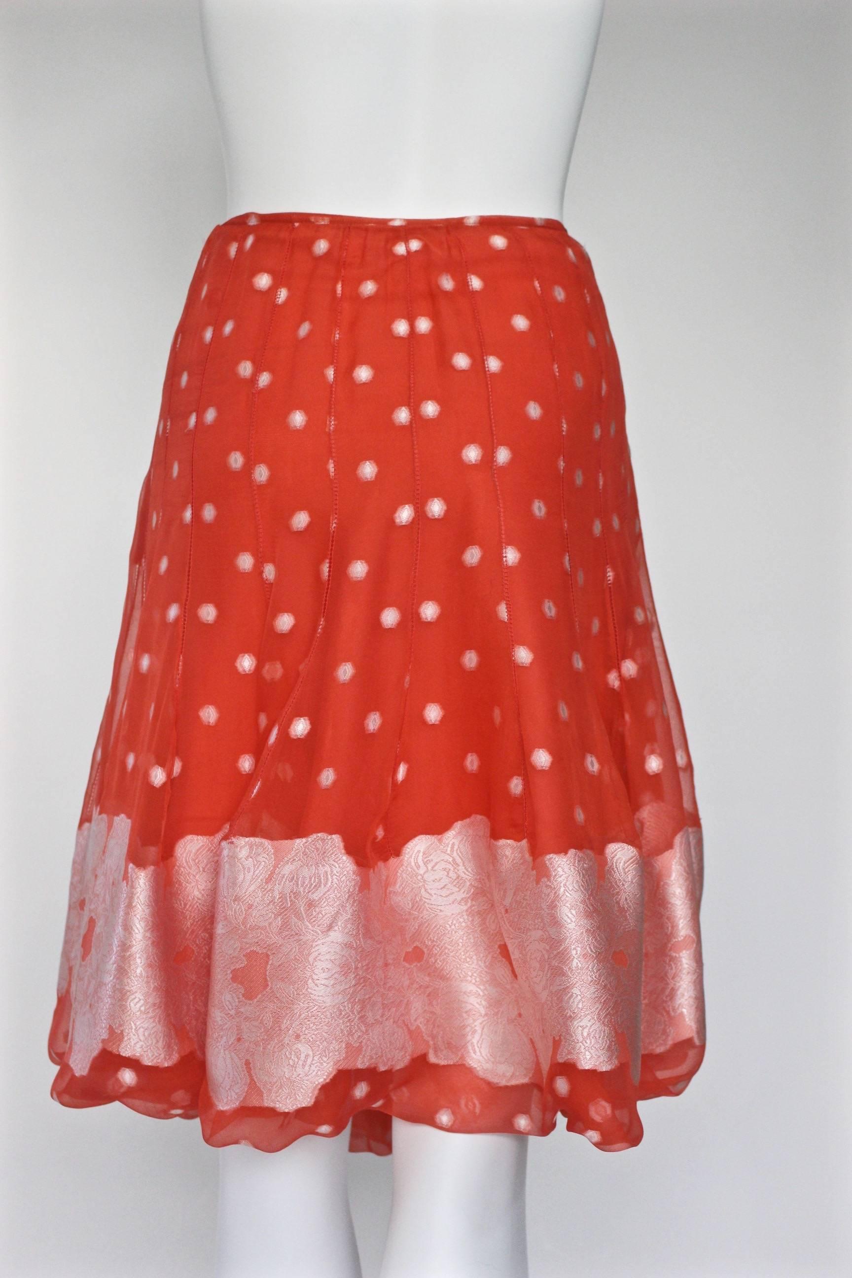 Nina Ricci Tangerine and White Floral Embroidery Silk Skirt 4