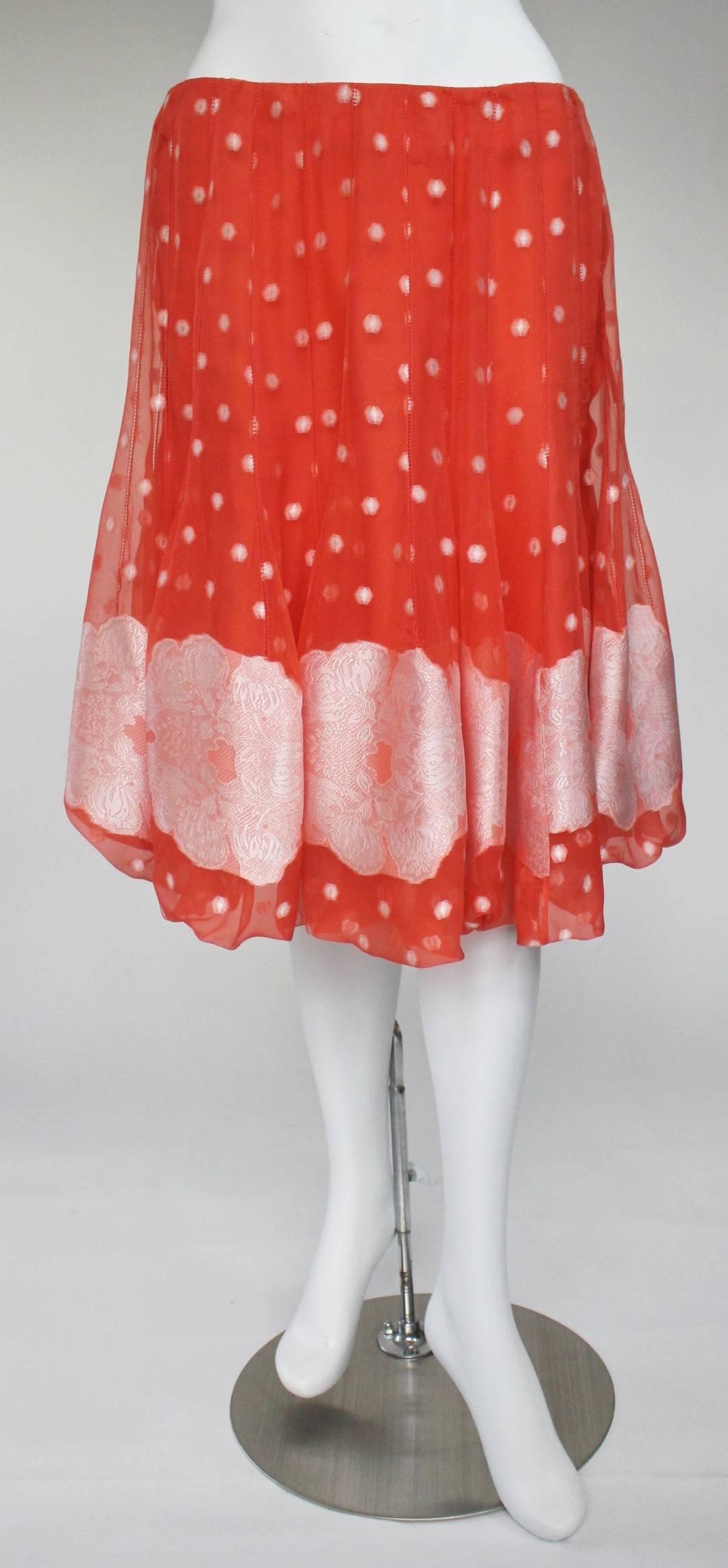 Women's Nina Ricci Tangerine and White Floral Embroidery Silk Skirt