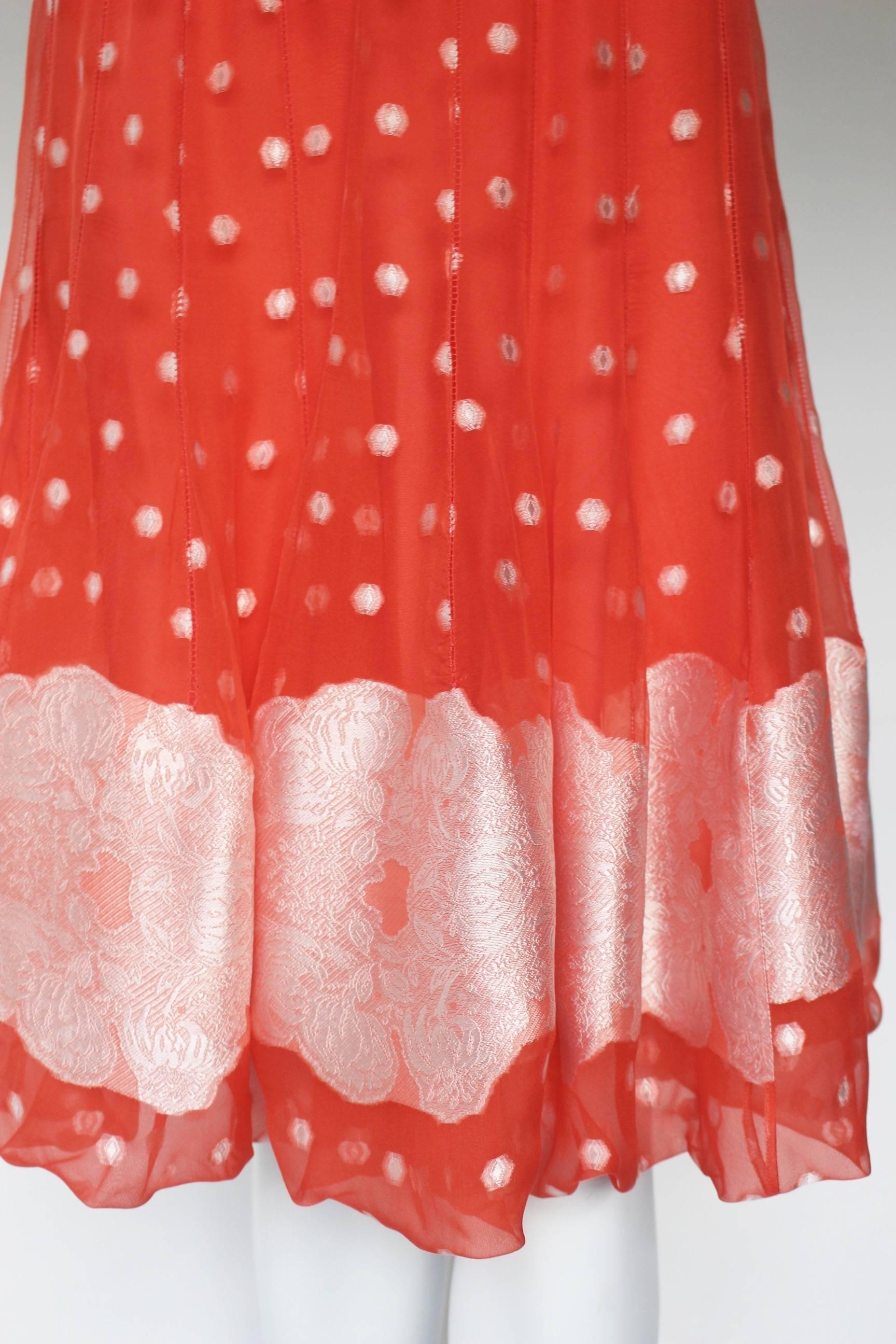 Nina Ricci Tangerine and White Floral Embroidery Silk Skirt 3