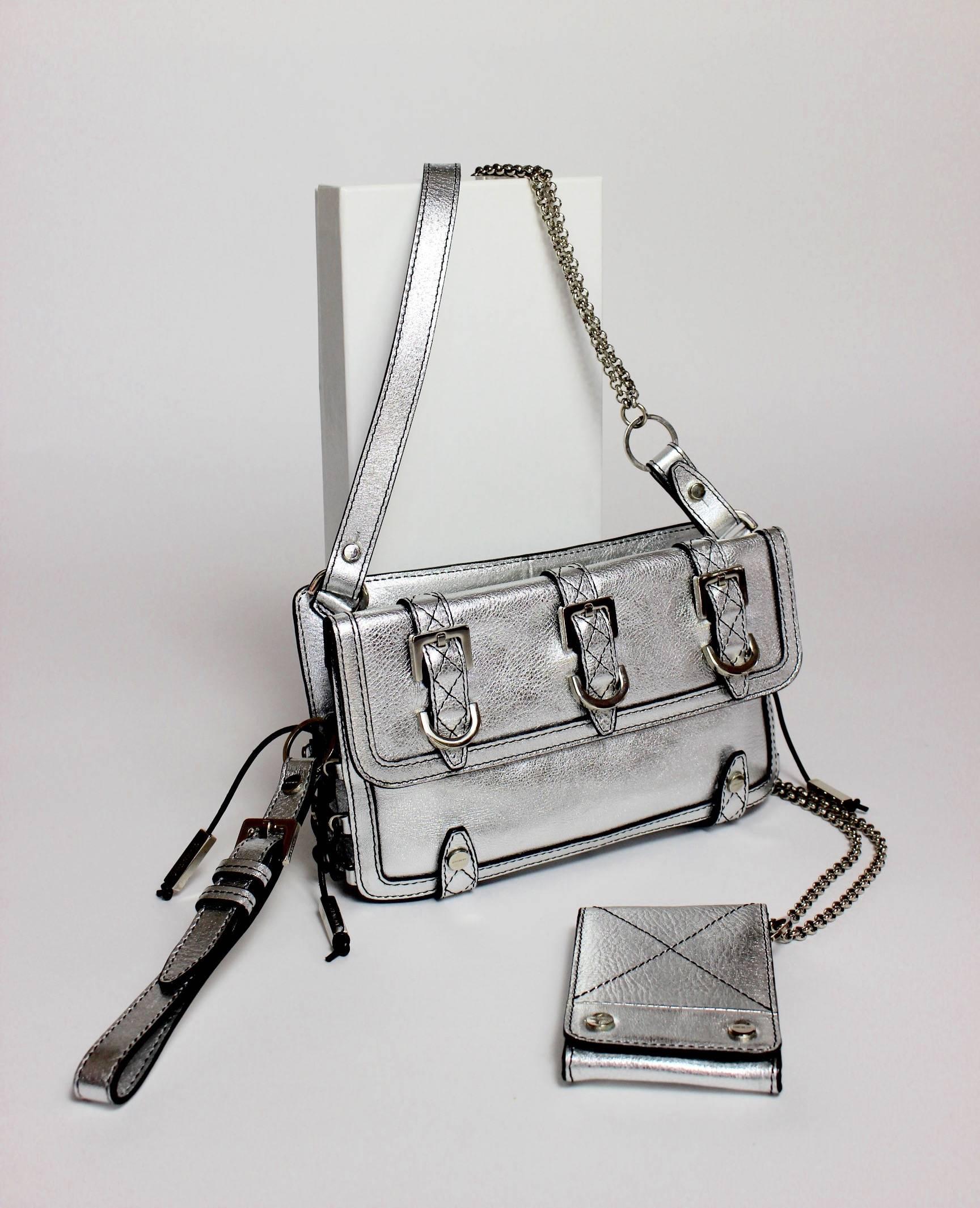 Givenchy Silver Leather Corset Detail Mini Biker Cross Body Chain Bag Purse In Excellent Condition In Boca Raton, FL