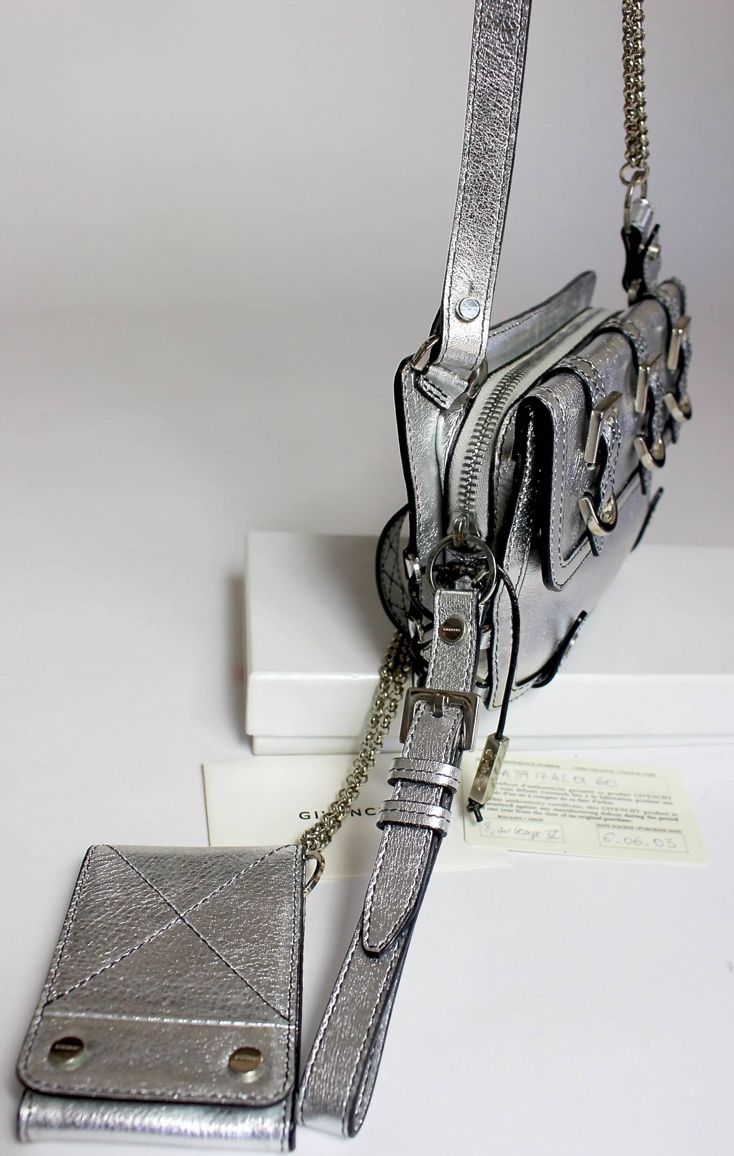 Givenchy Silver Leather Corset Detail Mini Biker Cross Body Chain Bag Purse 2
