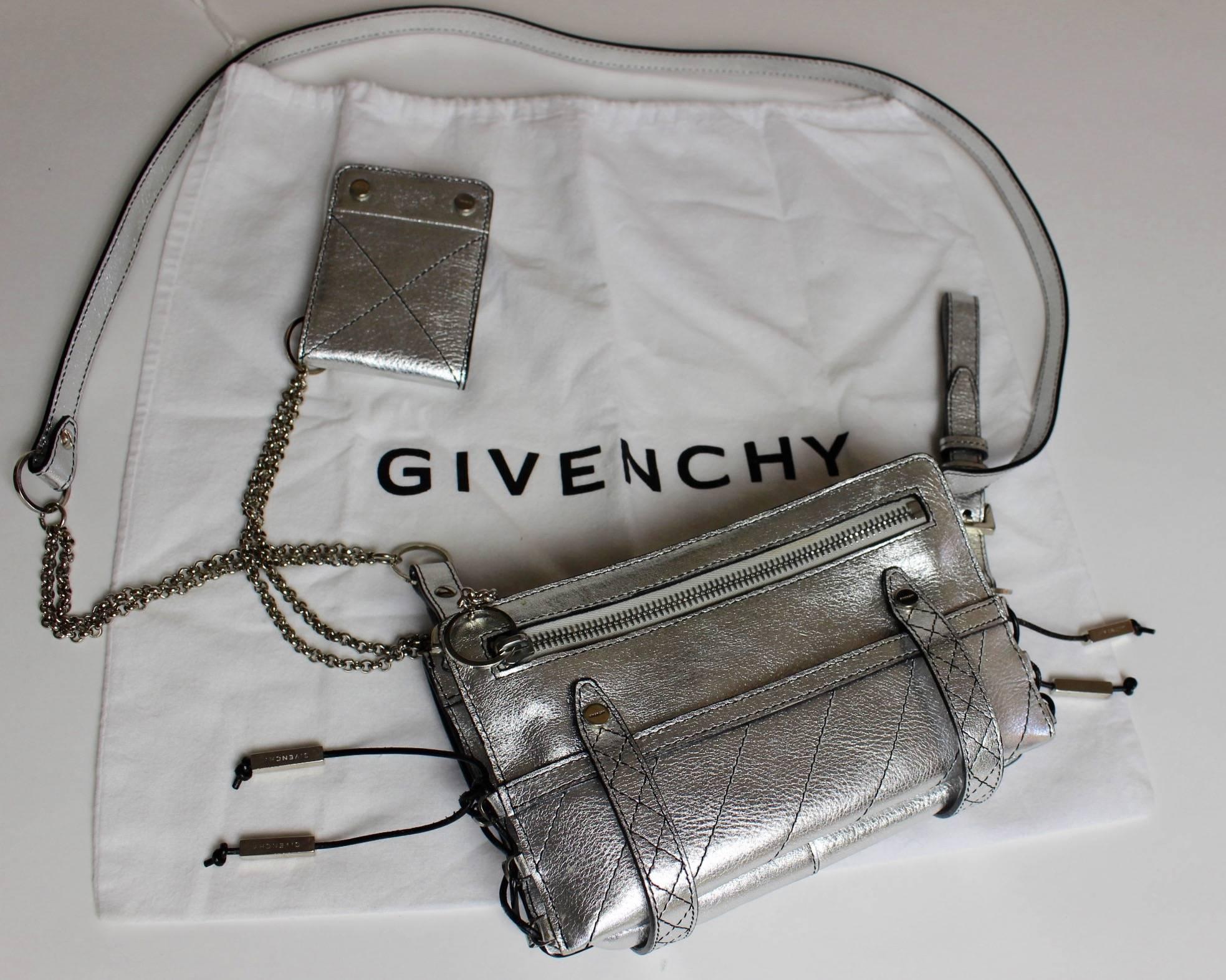 Givenchy Silver Leather Corset Detail Mini Biker Cross Body Chain Bag Purse 4