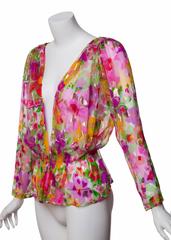 Vintage Yves Saint Laurent Sheer Metallic Floral Silk Plunge Neck Peplum Blouse