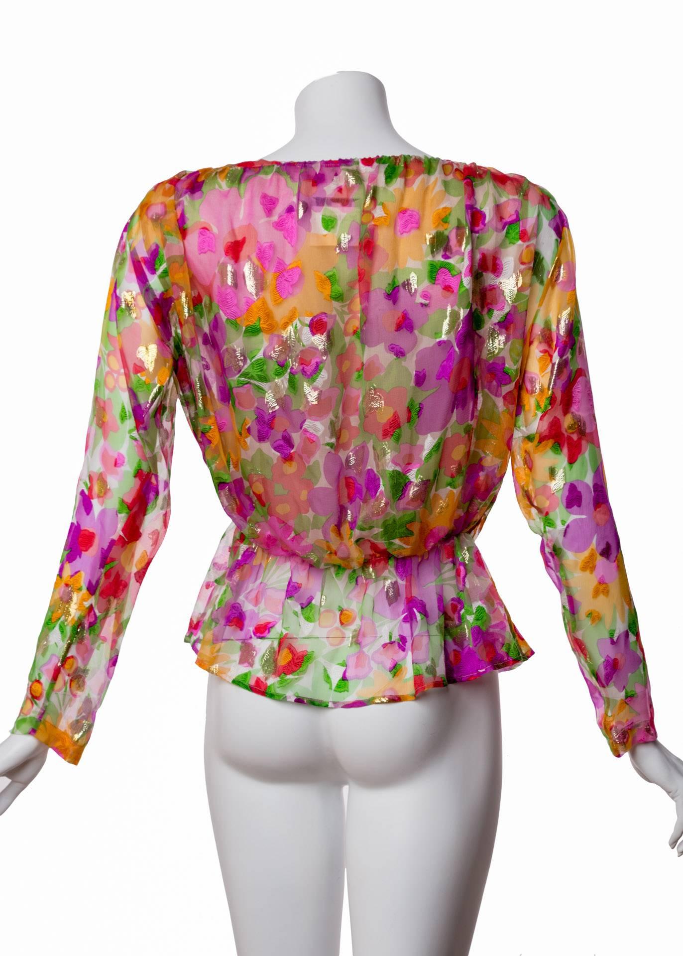 Pink Vintage Yves Saint Laurent Sheer Metallic Floral Silk Plunge Neck Peplum Blouse
