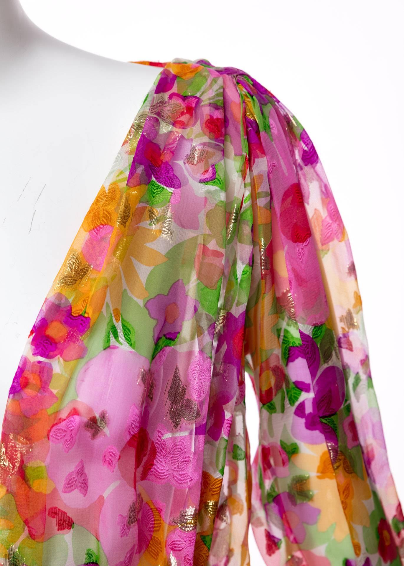 Vintage Yves Saint Laurent Sheer Metallic Floral Silk Plunge Neck Peplum Blouse In Excellent Condition In Boca Raton, FL