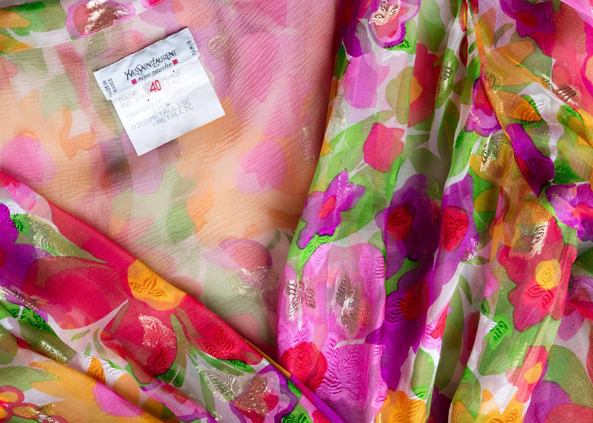 Women's Vintage Yves Saint Laurent Sheer Metallic Floral Silk Plunge Neck Peplum Blouse