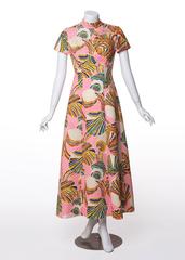 1960's Mr. Blackwell Pink Multicolor Swirl Print Rhinestone Maxi Dress