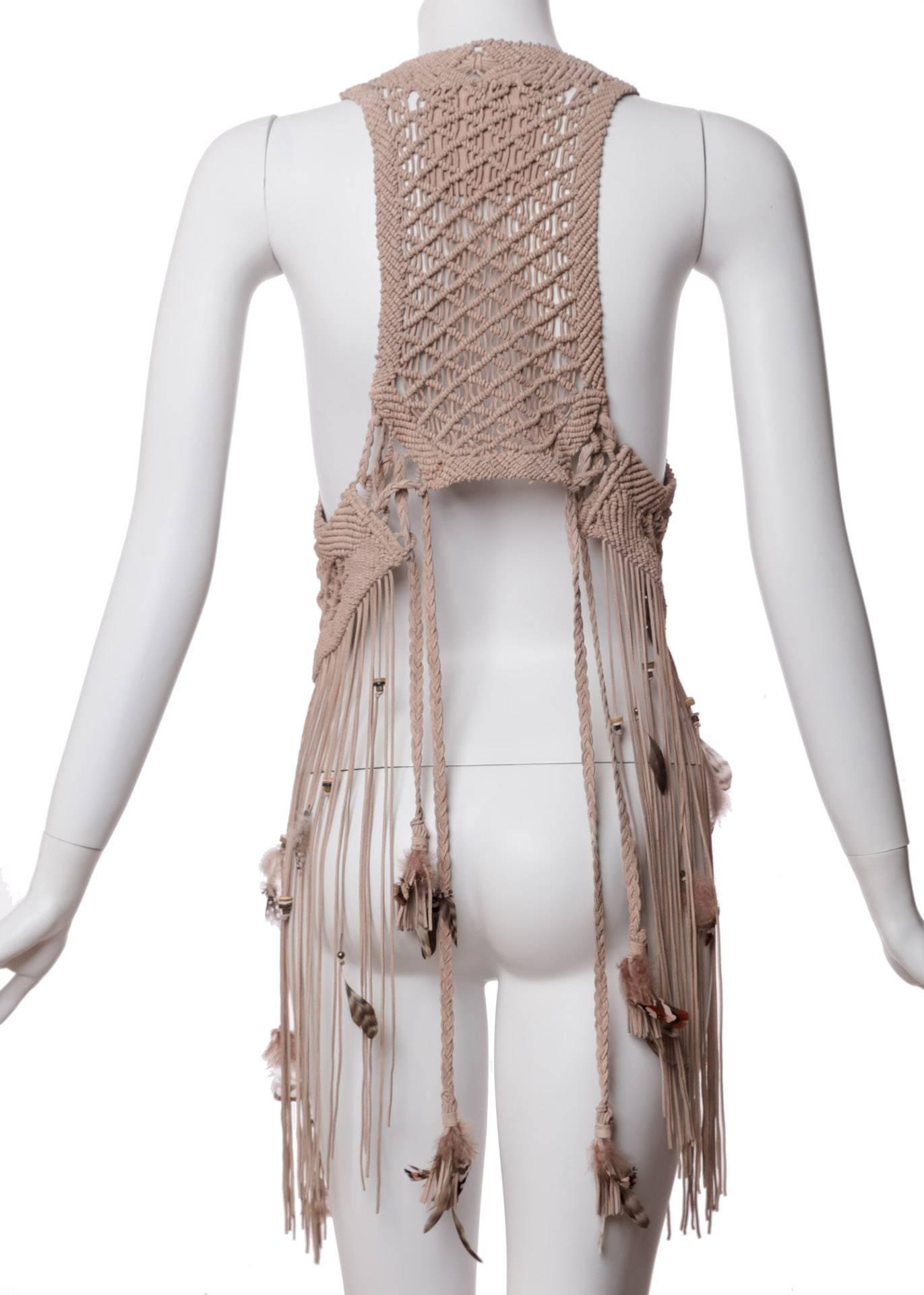 Roberto Cavalli s/s 2011 Leather Macrame Feather Beads Fringe Vest  In Excellent Condition In Boca Raton, FL